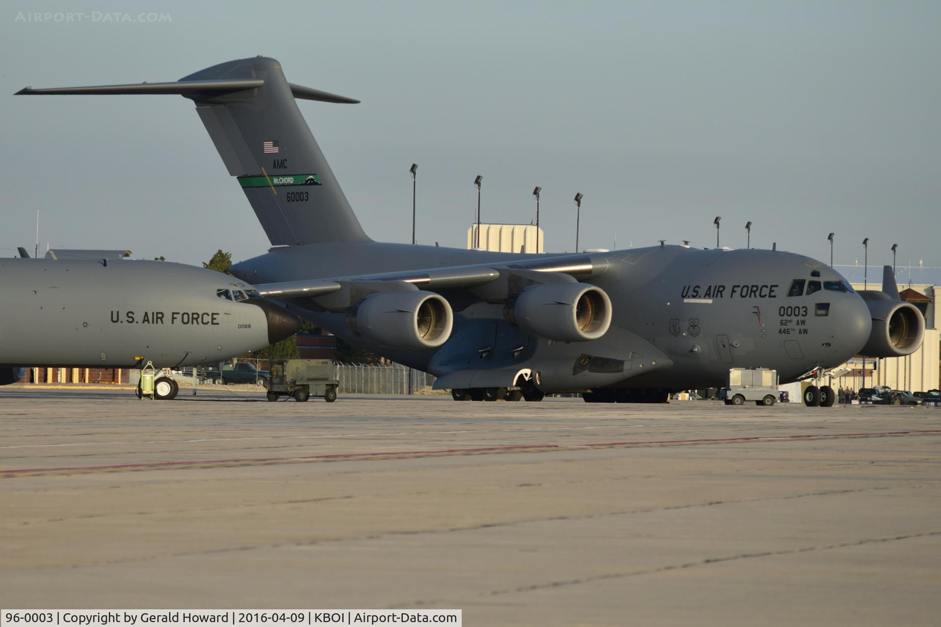 96-0003, 1996 McDonnell Douglas C-17A Globemaster III C/N P-35, Parked on Idaho ANG ramp with several KC-135Rs to assist in Middle East deployment. 62nd AW (446th AW) McChord AFB, WA.