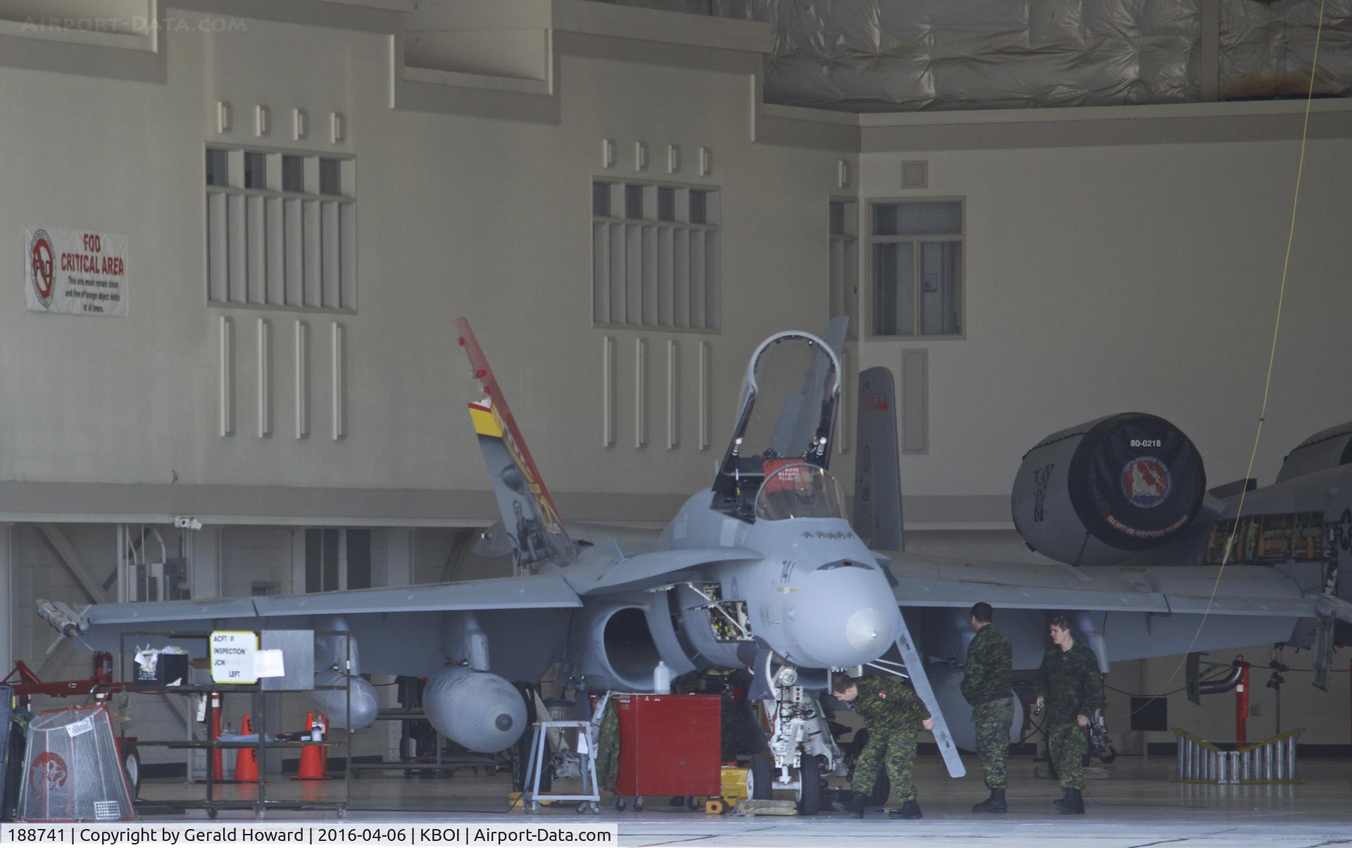 188741, McDonnell Douglas CF-188A Hornet C/N 0296/A241, Was on the Western Air ramp for a week before being moved into an Idaho ANG hangar to be worked on.
