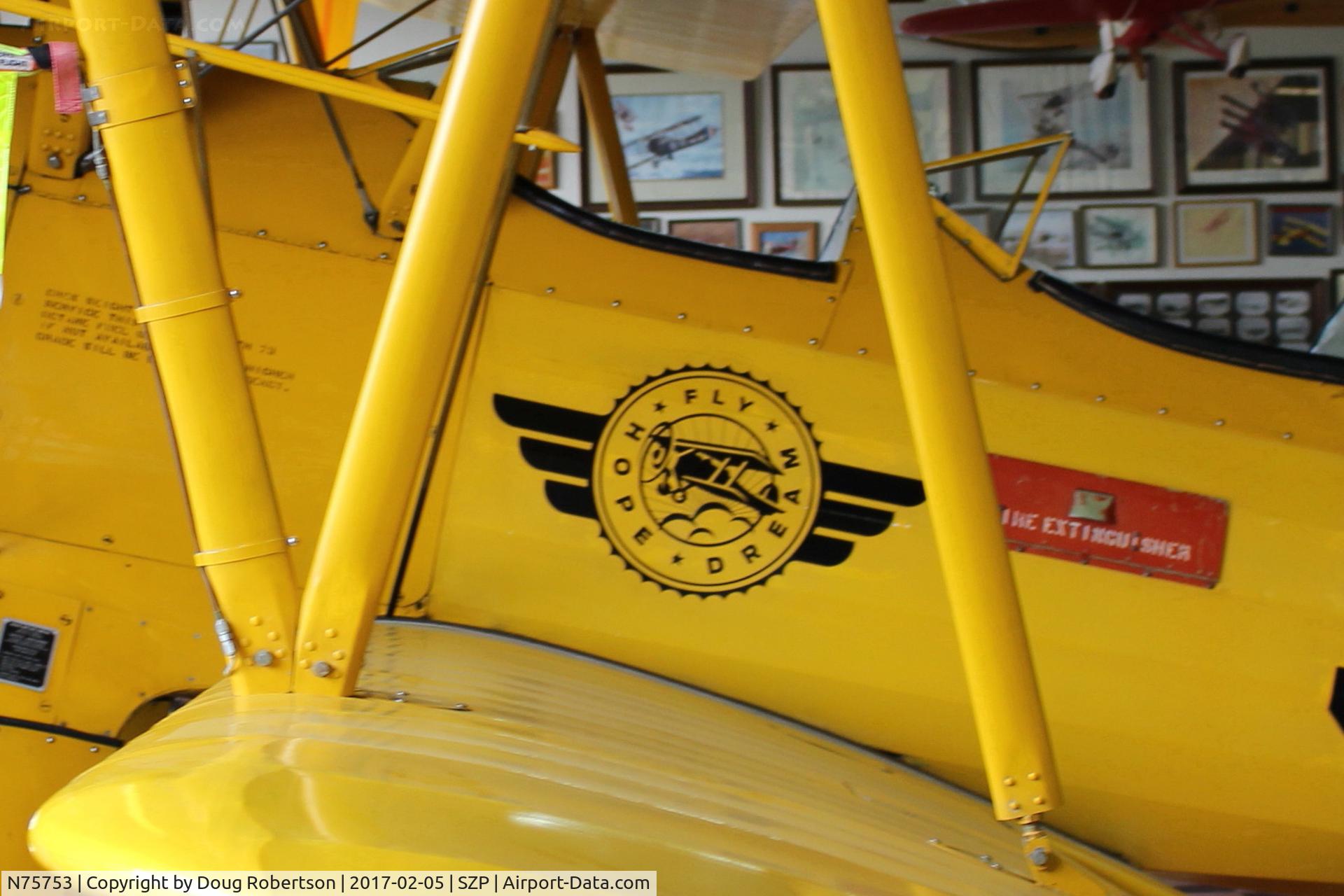 N75753, 1942 Boeing A75N1 (PT17) C/N 75-3521, 1942 Boeing Stearman A75N1(PT-17) as Navy N2S-4, Continental W670 220 hp radial. FLY HOPE DREAM