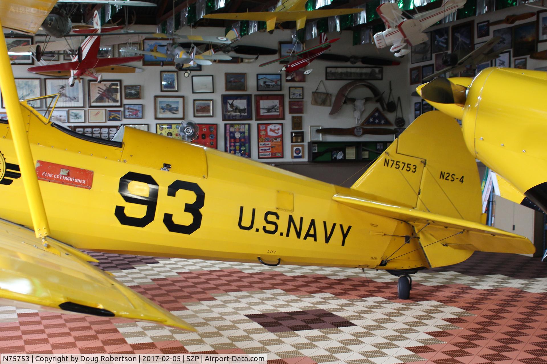 N75753, 1942 Boeing A75N1 (PT17) C/N 75-3521, 1942 Boeing Stearman A75N1(PT-17) as Navy N2S-4, Continental W670 220 Hp radial, limited hangar access points prevented full shots this aircraft
