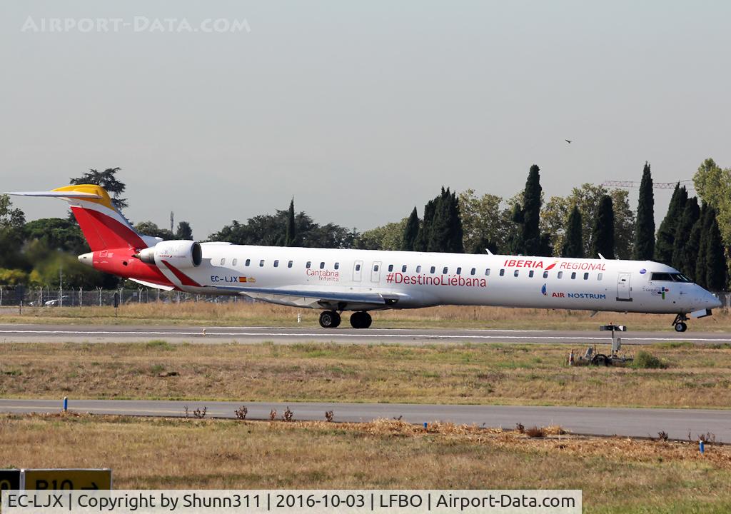 EC-LJX, 2010 Bombardier CRJ-1000ER NG (CL-600-2E25) C/N 19008, Ready for take off from rwy 32R in new c/s with additional '#DestinoLiebana / Cantabria Infinita' titles