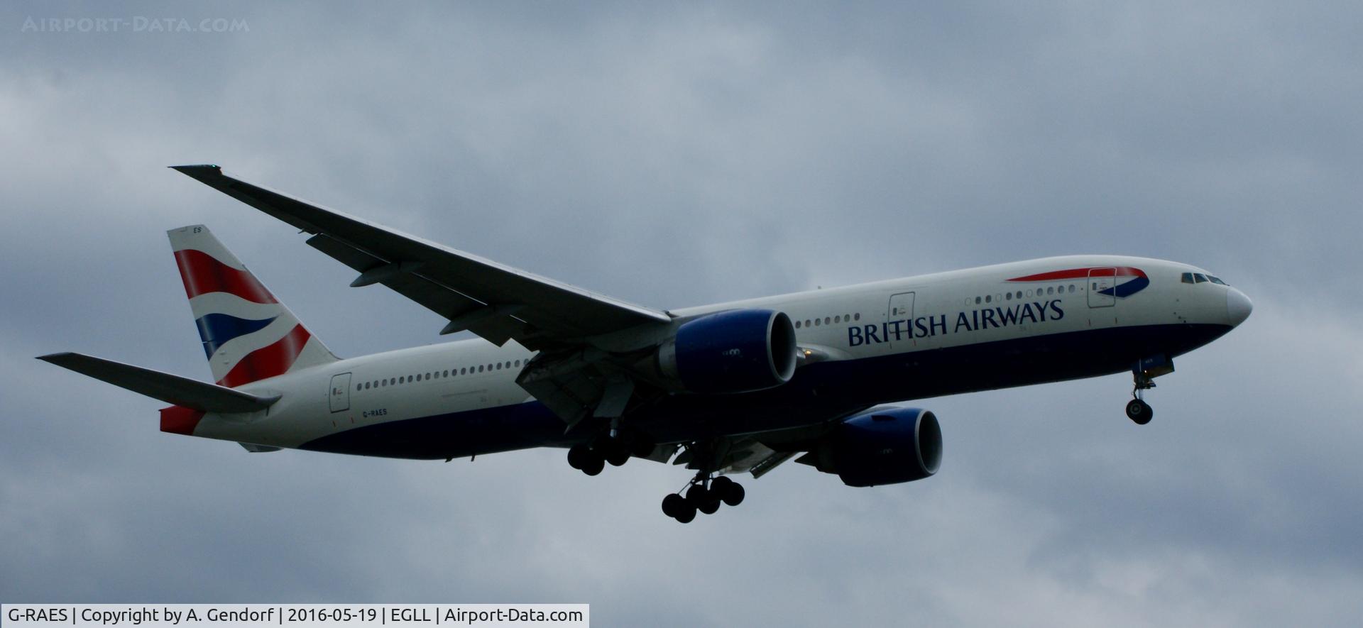 G-RAES, 1997 Boeing 777-236 C/N 27491, British Airways, is here approaching London Heathrow(EGLL)