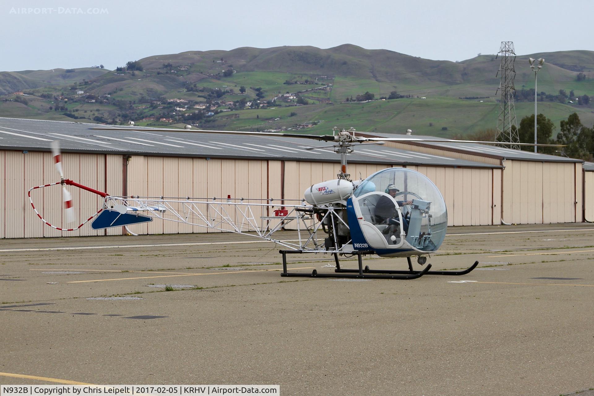 N932B, 1953 Bell 47G C/N 665-1, Locally-based 1953 Bell 47G doing a run up in front of its hangar at Reid Hillview Airport, San Jose, CA.