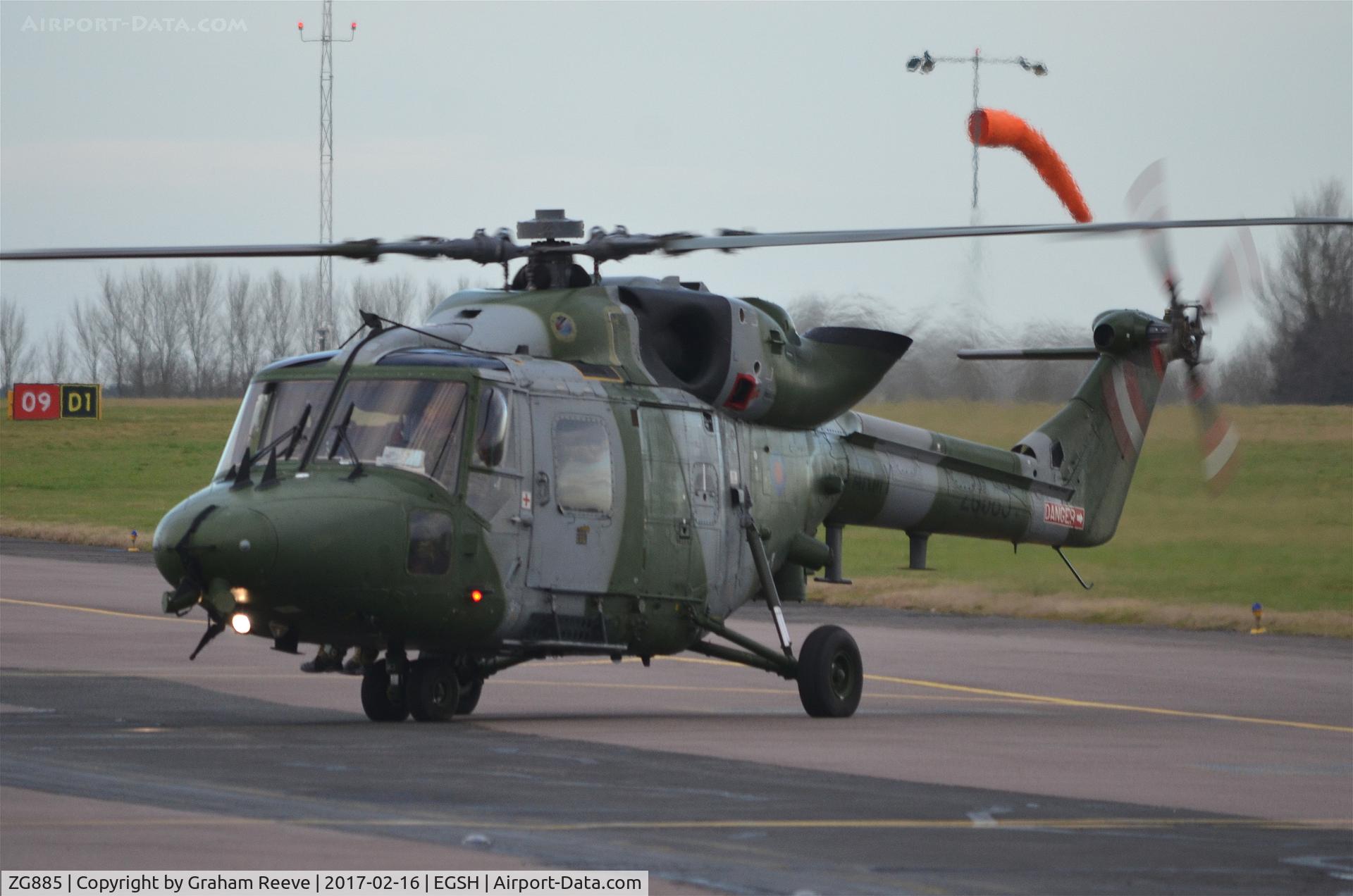 ZG885, 1991 Westland Lynx AH.9 C/N 347, Just landed at Norwich.