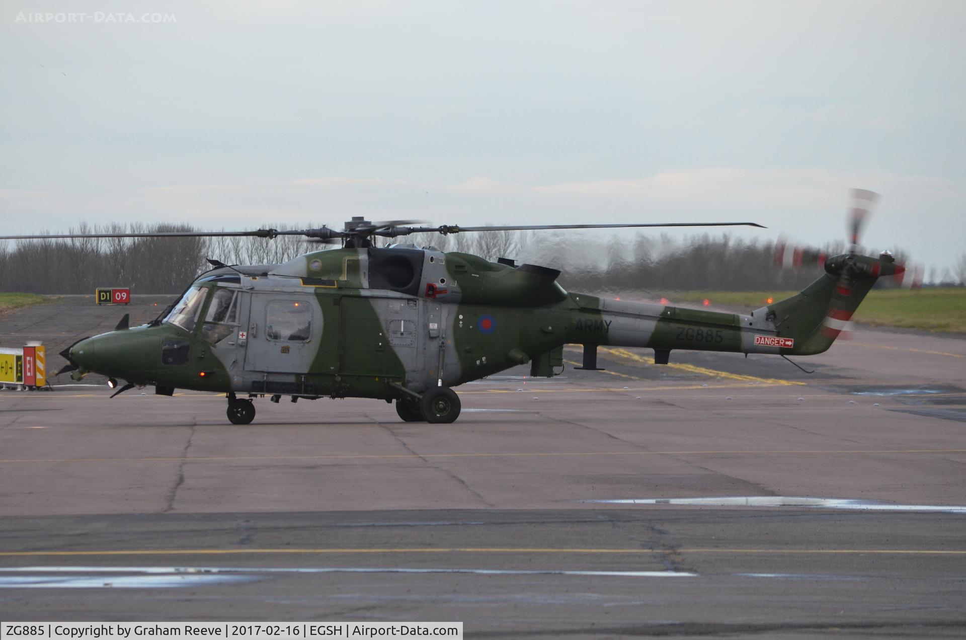 ZG885, 1991 Westland Lynx AH.9 C/N 347, Just landed at Norwich.