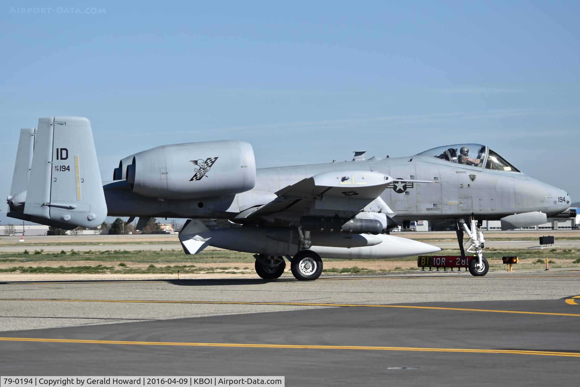 79-0194, 1979 Fairchild Republic A-10C Thunderbolt II C/N A10-0458, Turning off Bravo to RWY 28L for Middle East deployment. Note long range center tank. 190th Fighter Sq., 124th Fighter Wing, Idaho ANG.