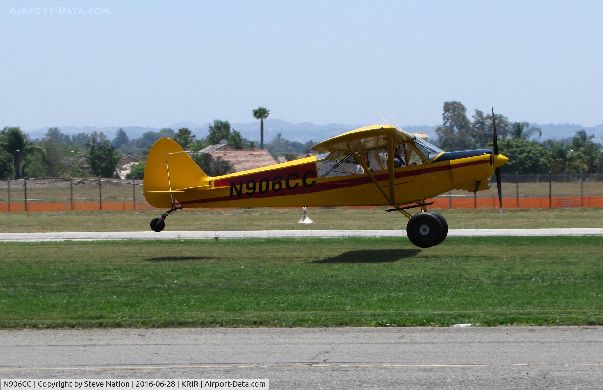 N906CC, 2001 Piper/cub Crafters PA-18-150 C/N 9924CC, 2001 Piper Cub Crafters PA-18-150 landing on the grass between runway and taxiway @ Flabob Airport, Riverside, CA