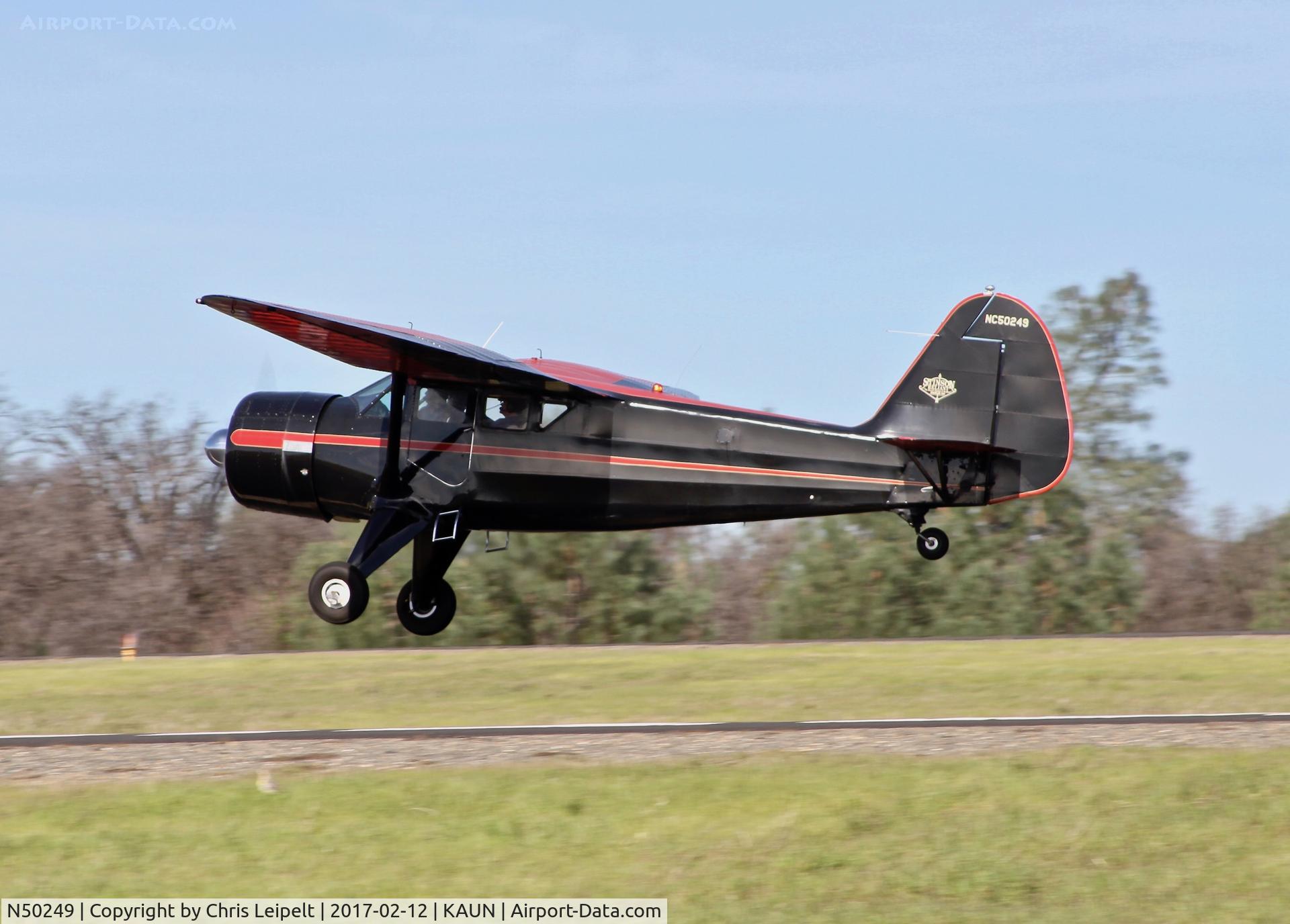 N50249, Stinson V77 Reliant C/N 77-458, Locally-based Stinson V77 departing at Auburn Municipal Airport. Love this paint!