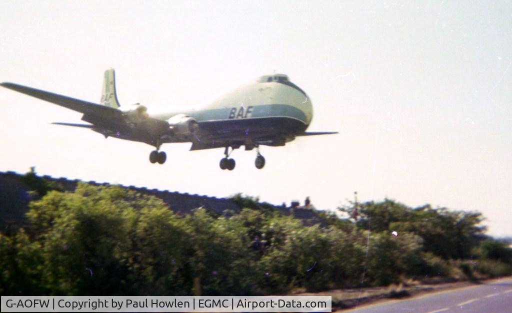 G-AOFW, Aviation Traders ATL-98 Carvair C/N 10351/ATL98/12, G-AOFW on Finals to runway 06 , Southend Airport, C. 1977