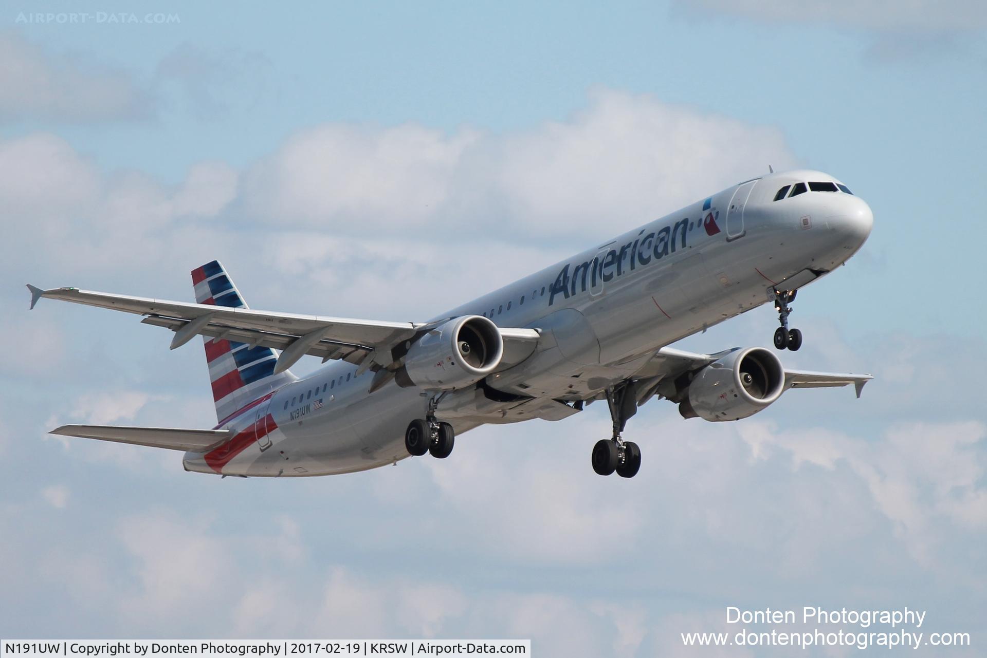 N191UW, 2001 Airbus A321-211 C/N 1447, American Flight 2018 (N191UW) departs Southwest Florida International Airport enroute to Philadelphia International Airport