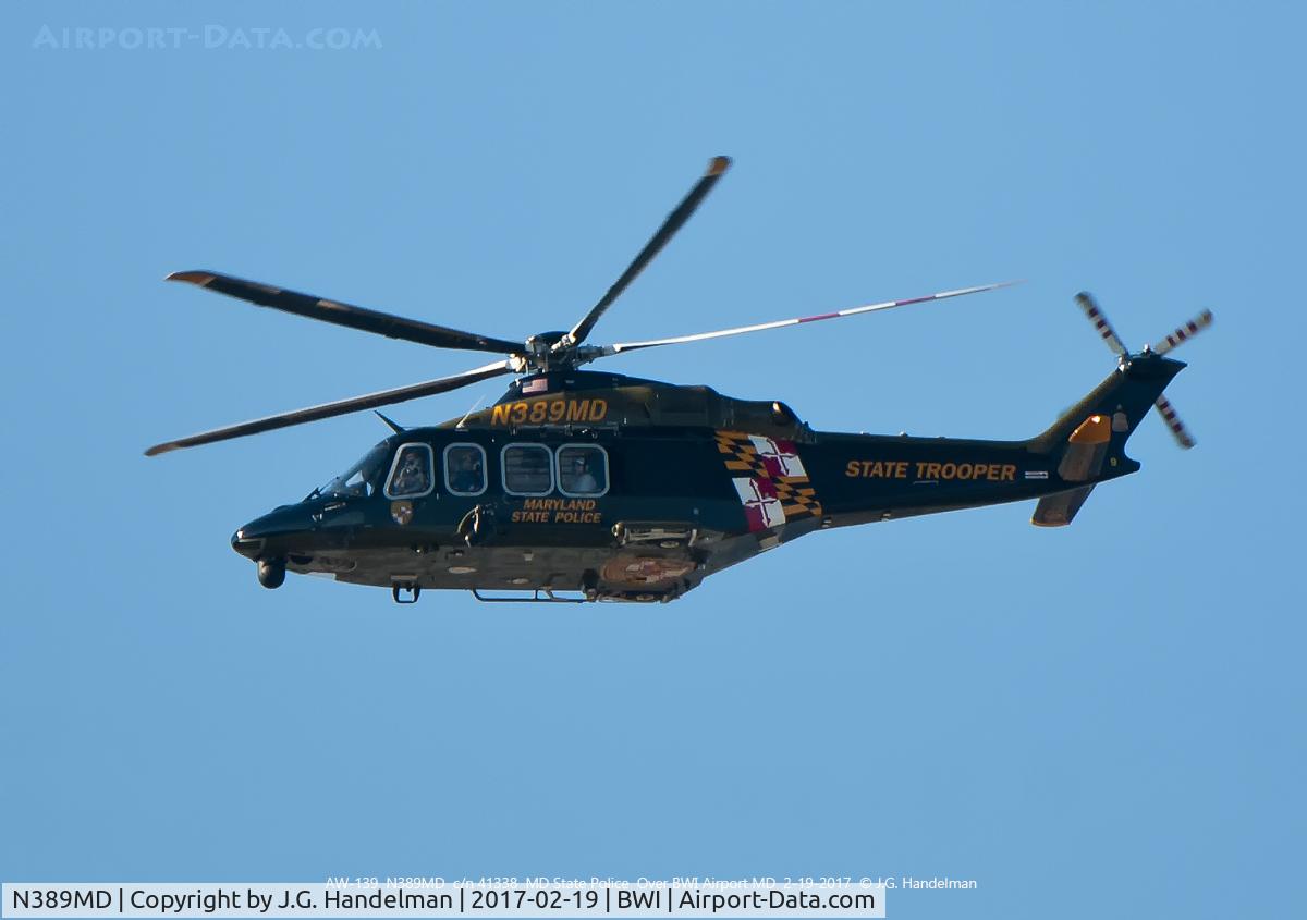 N389MD, 2013 AgustaWestland AW-139 C/N 41338, Over BWI after a medevac mission.