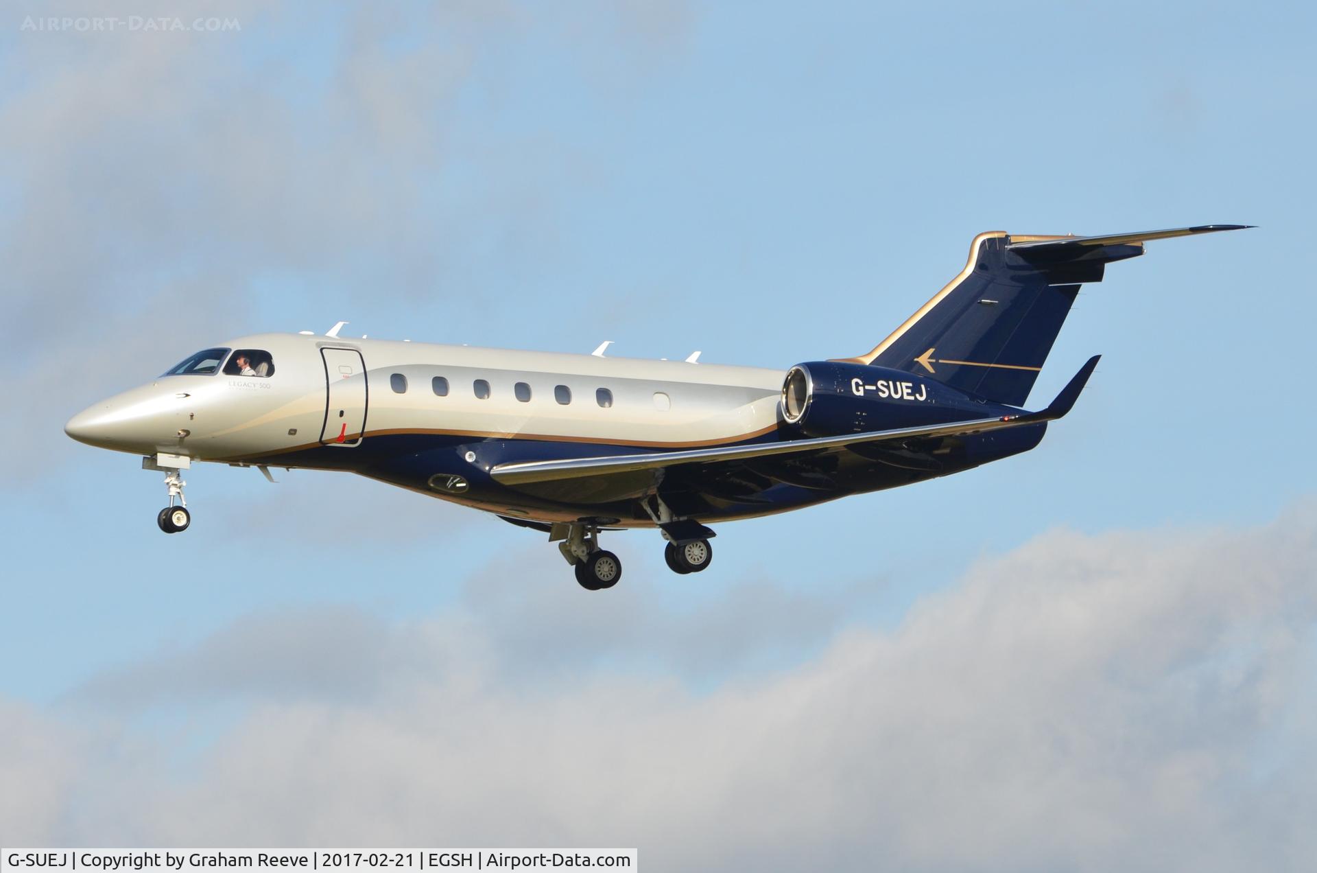 G-SUEJ, 2016 Embraer EMB-550 Legacy 500 C/N 55000042, Landing at Norwich.