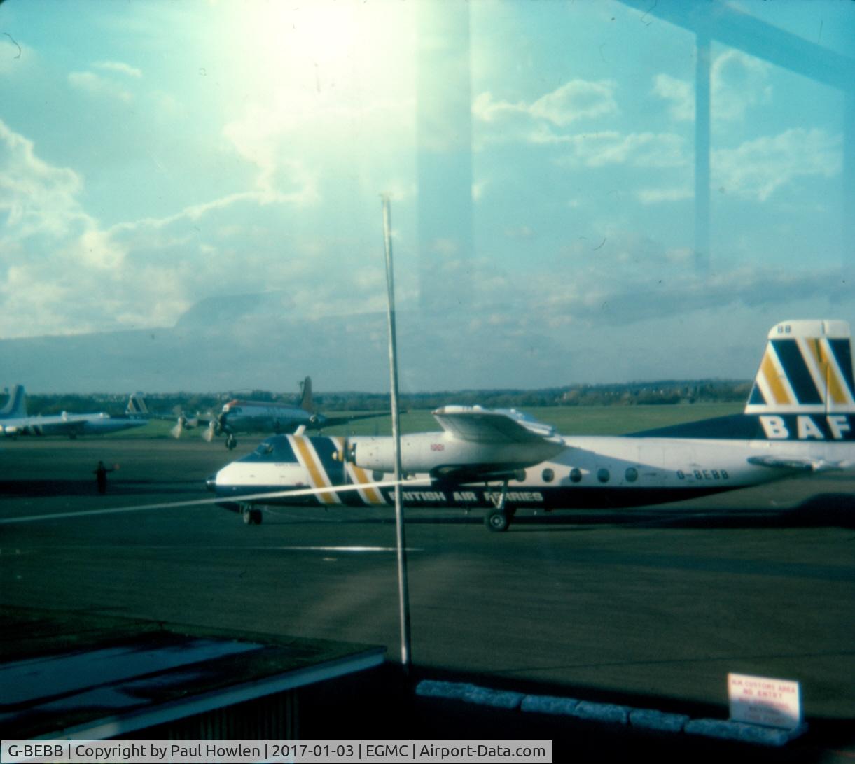 G-BEBB, 1965 Handley Page HPR-7 Herald 214 C/N 186, At Southend Airport, February 1977, with Bergan Air Transport DC-4 departing from North Ramp