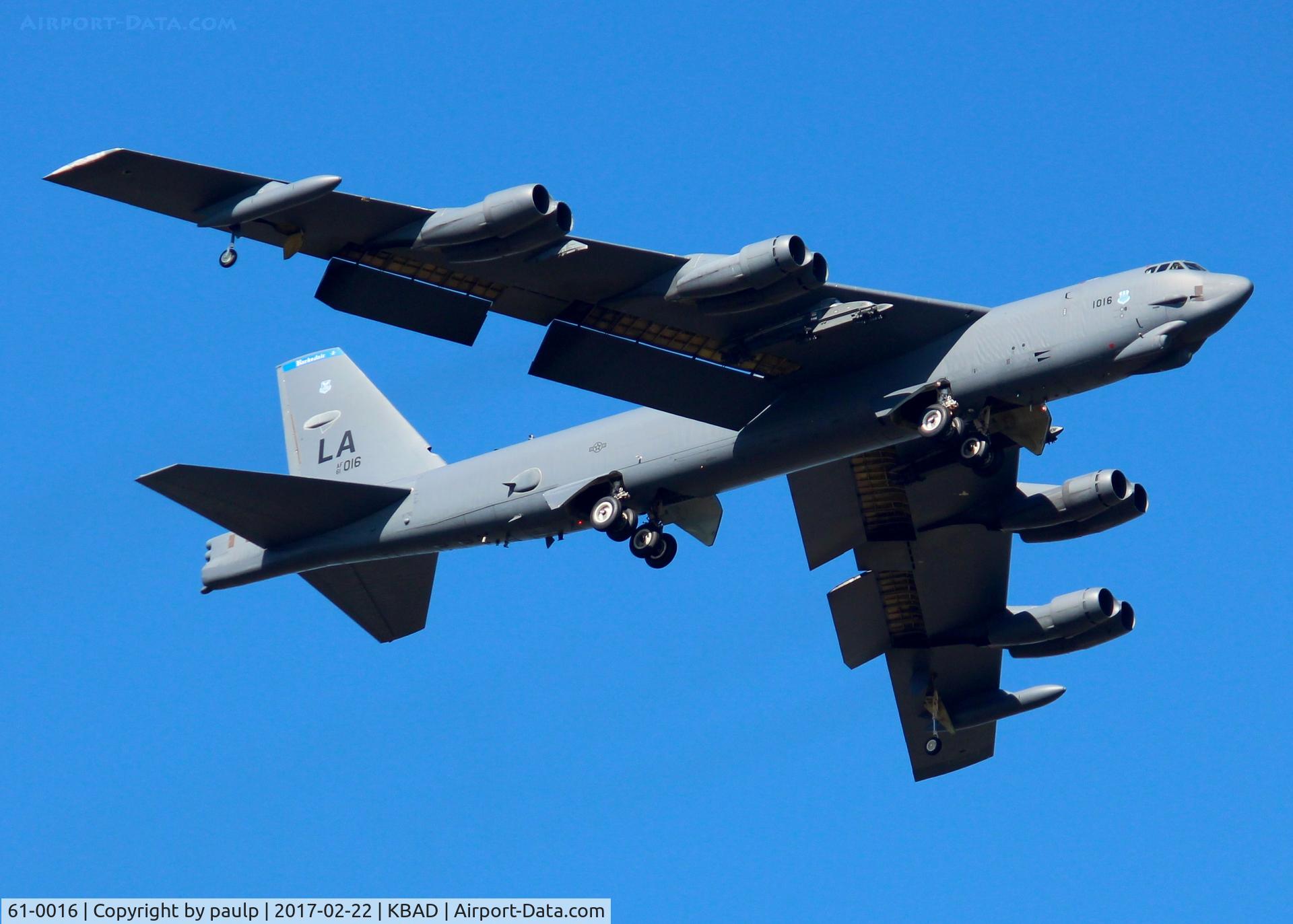 61-0016, 1961 Boeing B-52H Stratofortress C/N 464443, At Barksdale Air Force Base. Weapons pods are empty. 
