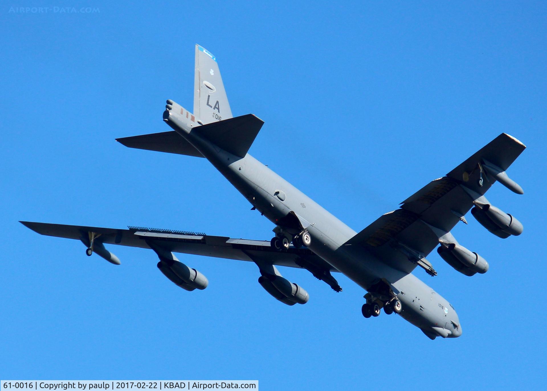 61-0016, 1961 Boeing B-52H Stratofortress C/N 464443, At Barksdale Air Force Base. Weapons pods are empty. 