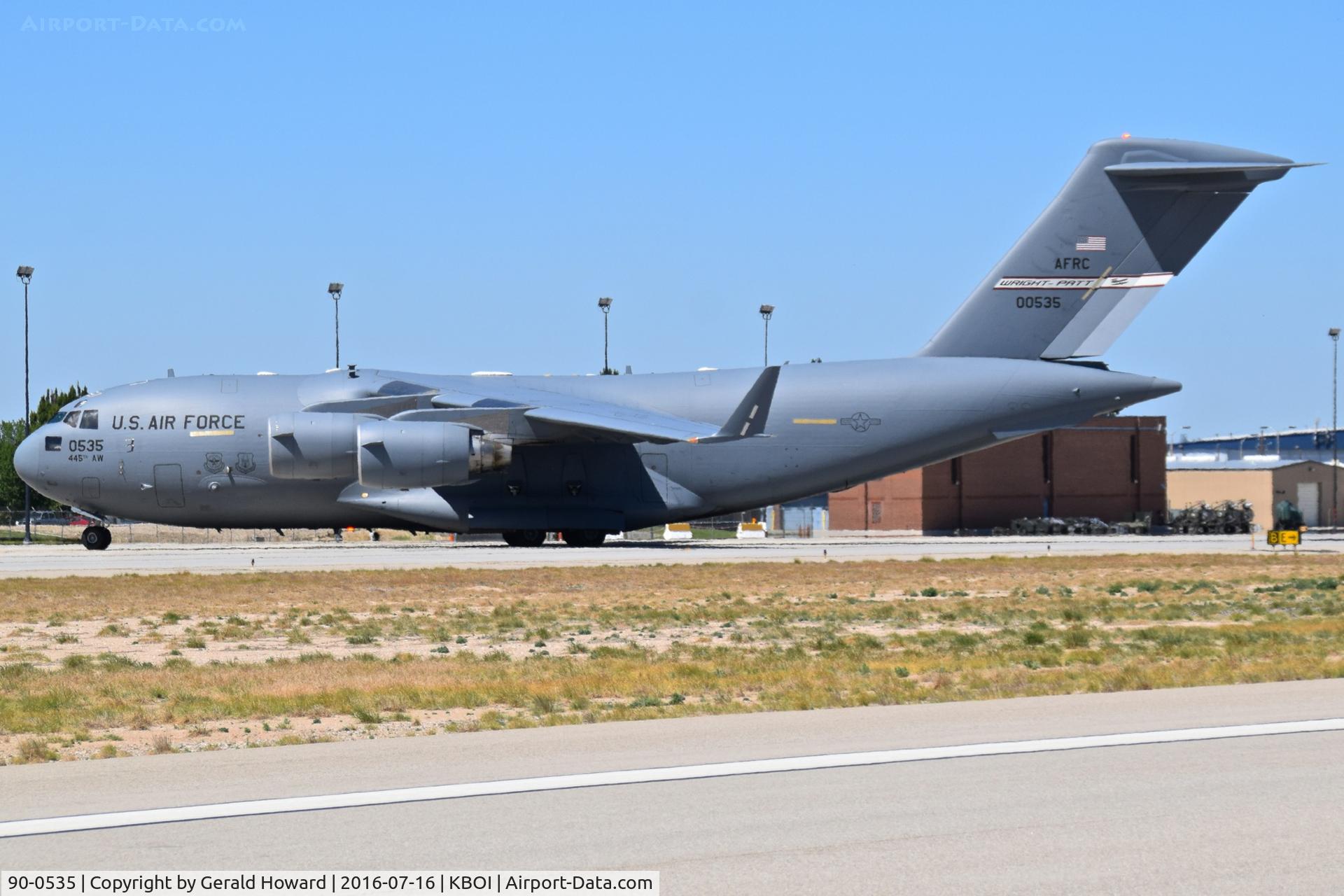 90-0535, 1990 Boeing C-17A Globemaster III C/N P-10, Turning off Bravo onto Idaho ANG ramp. 445th Airlift Wing, Wright-Patterson AFB, Ohio.