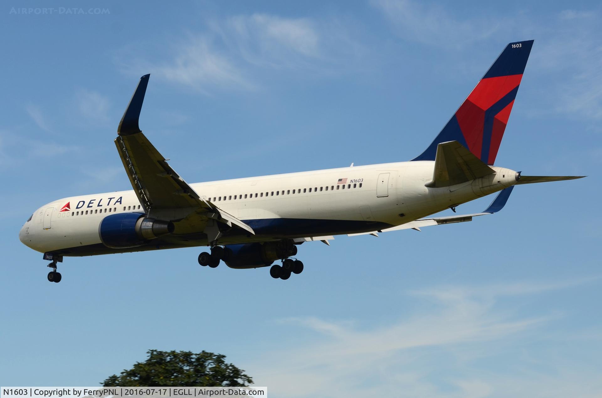 N1603, 1999 Boeing 767-332 C/N 29695, Delta B763 at the end of its transatlantic crossing.