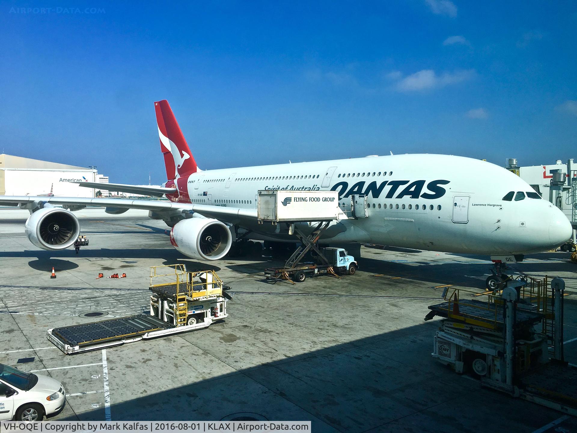 VH-OQE, 2009 Airbus A380-842 C/N 027, Quotas VH-OQE (Lawrence Hargrave), 2009 Airbus A380-842, at gate 152 KLAX