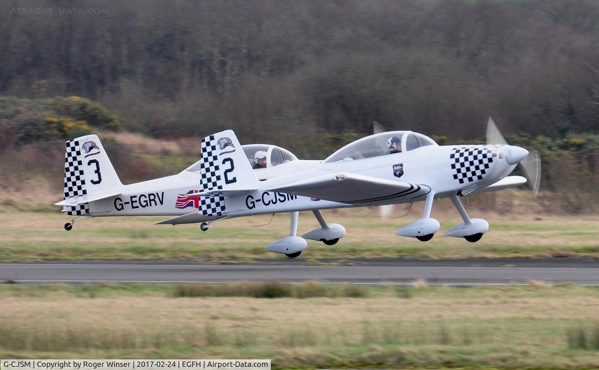 G-CJSM, 2016 Vans RV-8 C/N LAA 303-15296, Resident Vans RV-8 aircraft G-CJSM (Raven 2) and G-EGRV (Raven 3) departing Runway 28.