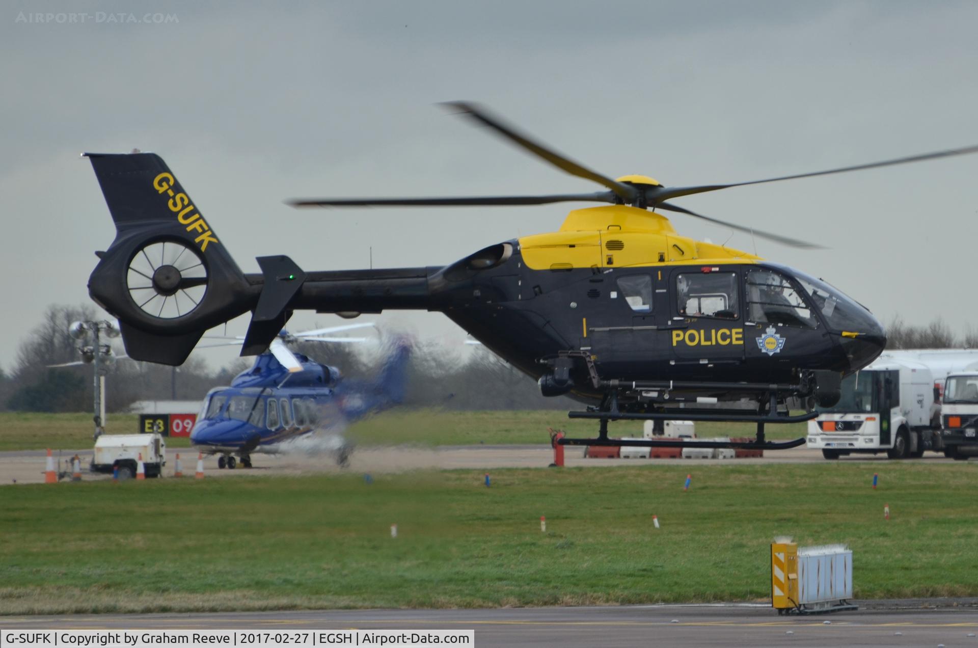 G-SUFK, 2008 Eurocopter EC-135P-2+ C/N 0730, Departing from Norwich.