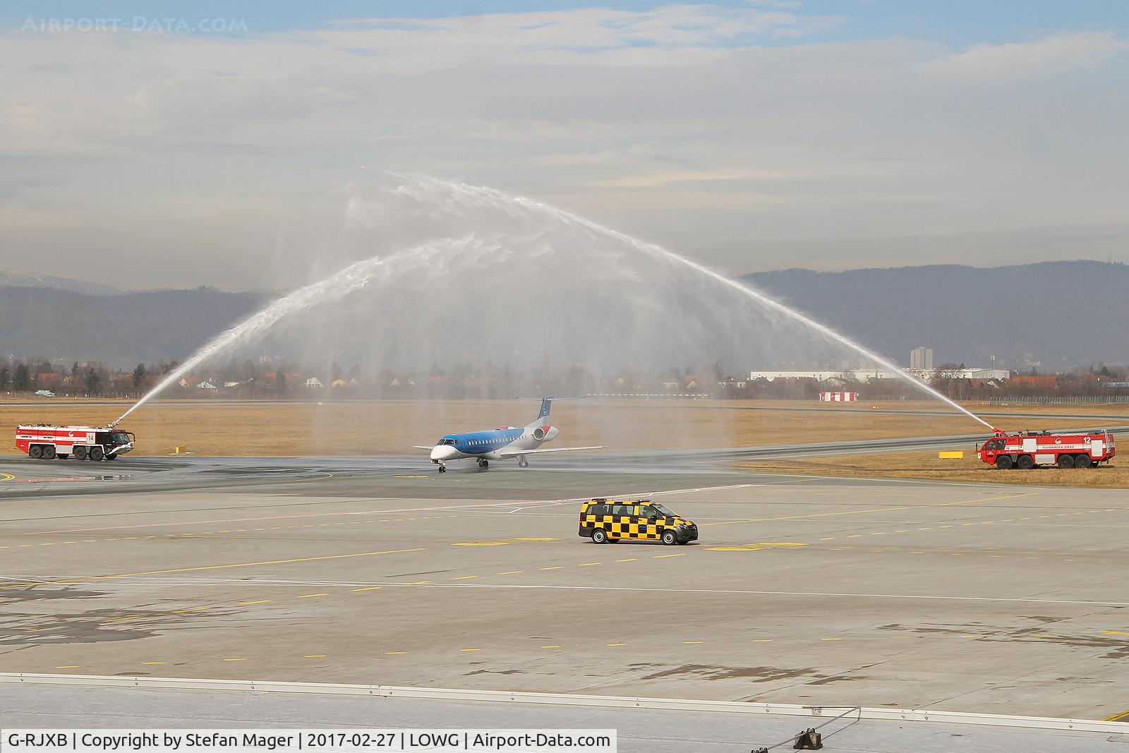 G-RJXB, 1999 Embraer EMB-145EP (ERJ-145EP) C/N 145142, BMI Regional Embraer 145 @GRZ (water salute for first flight BHX-GRZ-BHX)