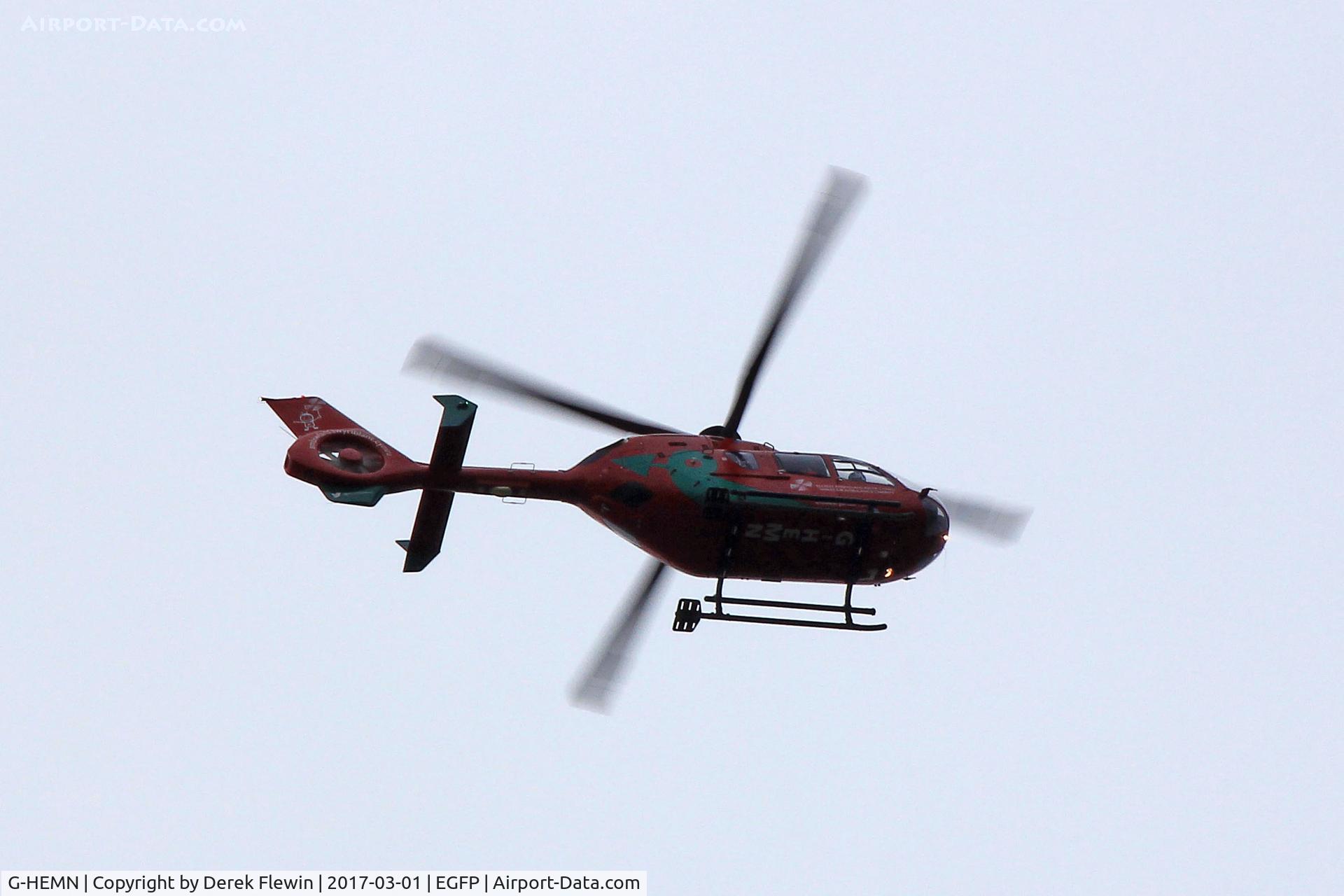 G-HEMN, 2012 Eurocopter EC-135T-2+ C/N 1070, EC-135T-2+, Wales Air Ambulance Helicopter call sign Helimed 57. Dafen based, seen transiting EGFP ATZ en-route Milford Haven out of Ammanford.