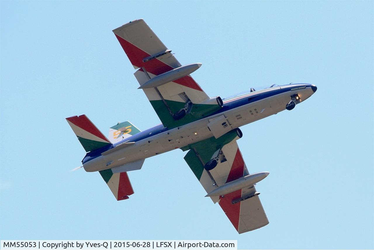 MM55053, Aermacchi MB-339PAN C/N 6847/187/AA084, Italian Air Force Aermacchi MB-339PAN, N°55 of Frecce Tricolori Aerobatic Team 2015, On display, Luxeuil-Saint Sauveur Air Base 116 (LFSX) Open day 2015