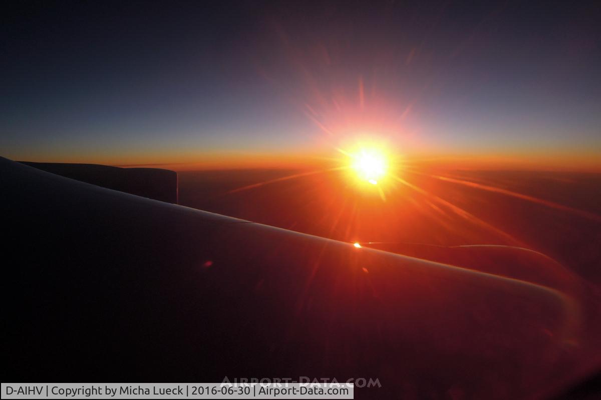 D-AIHV, 2008 Airbus A340-642X C/N 897, The sun sets while we are settling in for a comfortable ride from Munich to Hong Kong