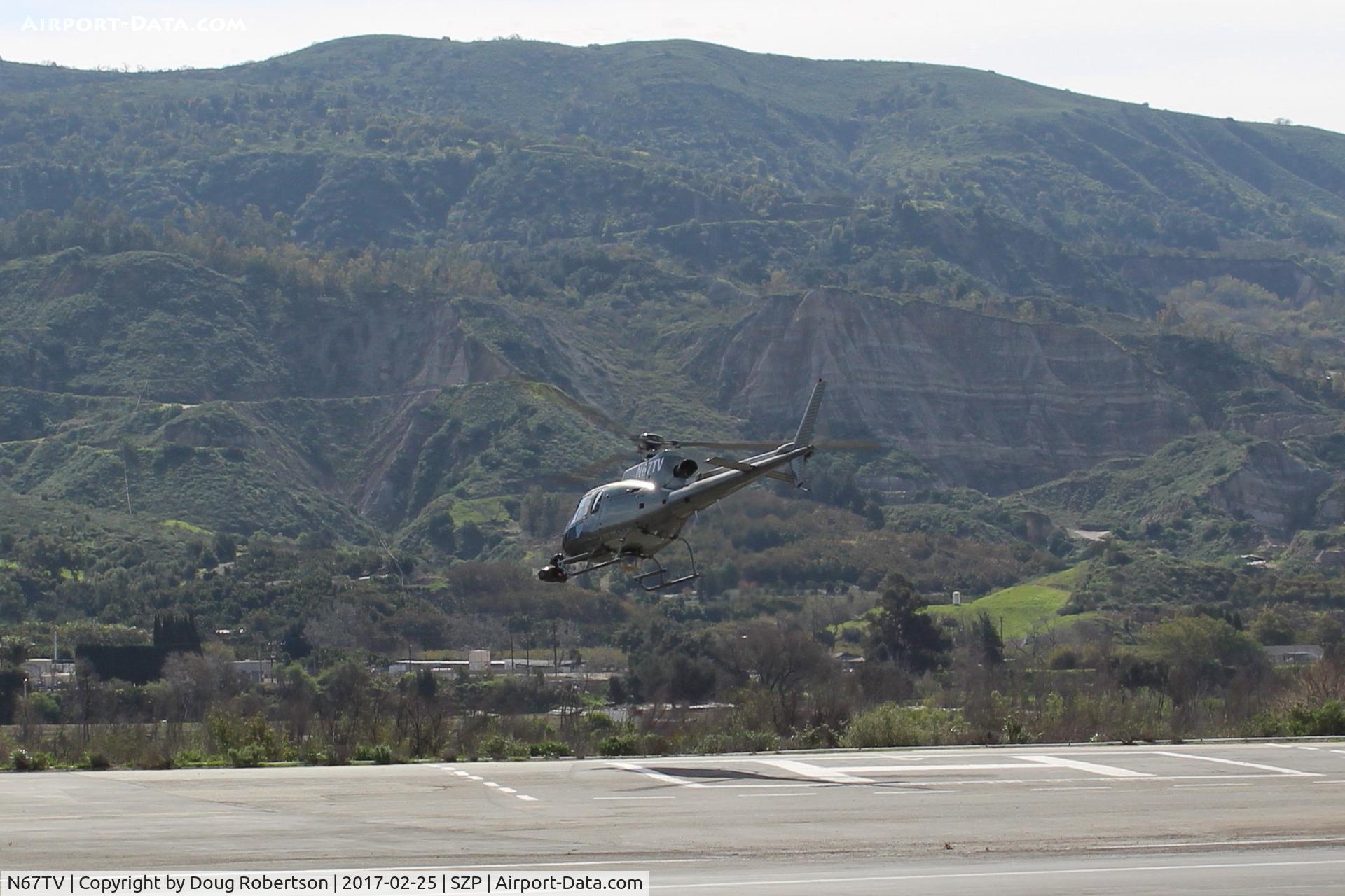 N67TV, 1995 Eurocopter AS-350B-2 Ecureuil Ecureuil C/N 2859, 1995 Eurocopter AS-350 B2 Ecureuil (Squirrel), one Turbomeca Arriel 1D1 Turboshaft of 732 sHp, takeoff climbing turn SZP Helipad. Will do camera work today.