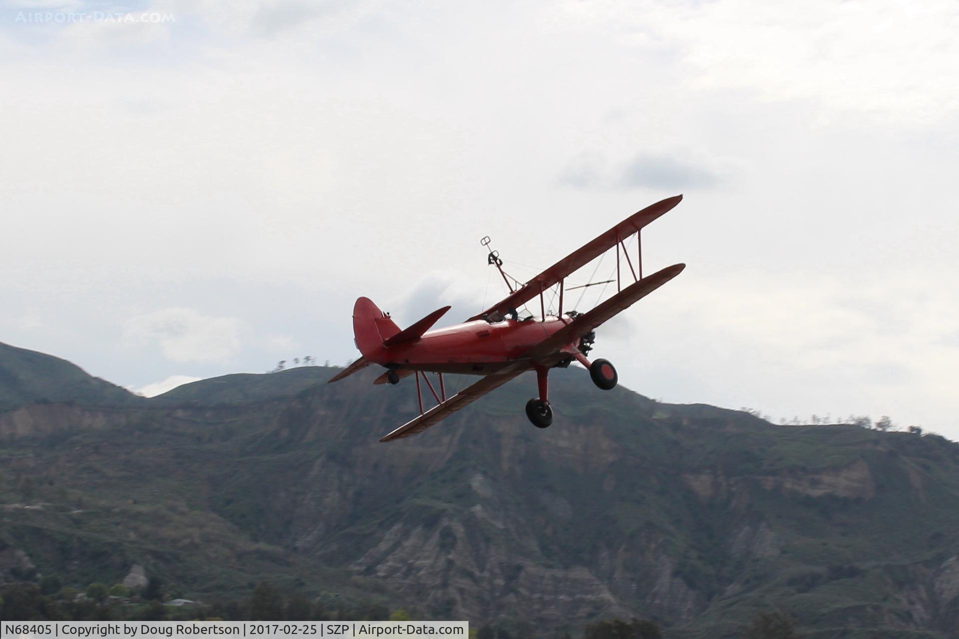 N68405, 1943 Boeing A75N1(PT17) C/N 75-7759, 1943 Boeing Stearman A75N1(PT-17), P&W R-985 Wasp Jr. 450 Hp upgrade conversion, takeoff climb Rwy 22
