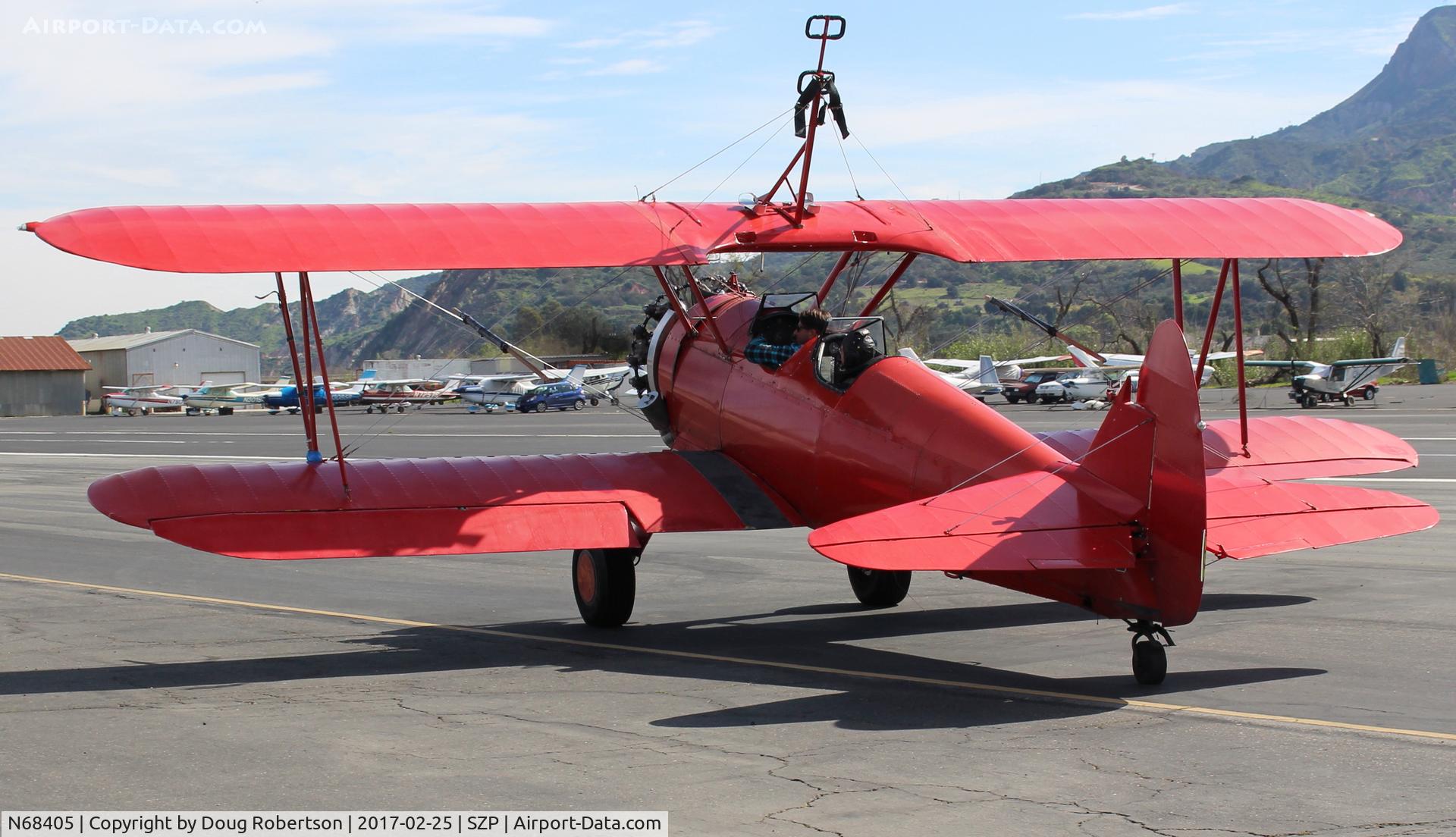 N68405, 1943 Boeing A75N1(PT17) C/N 75-7759, 1943 Boeing Stearman A75N1(PT-17), P&W R-985 450 Hp Wasp Jr. upgrade conversion, wingwalker-rider apparatus, Restricted class, taxi
