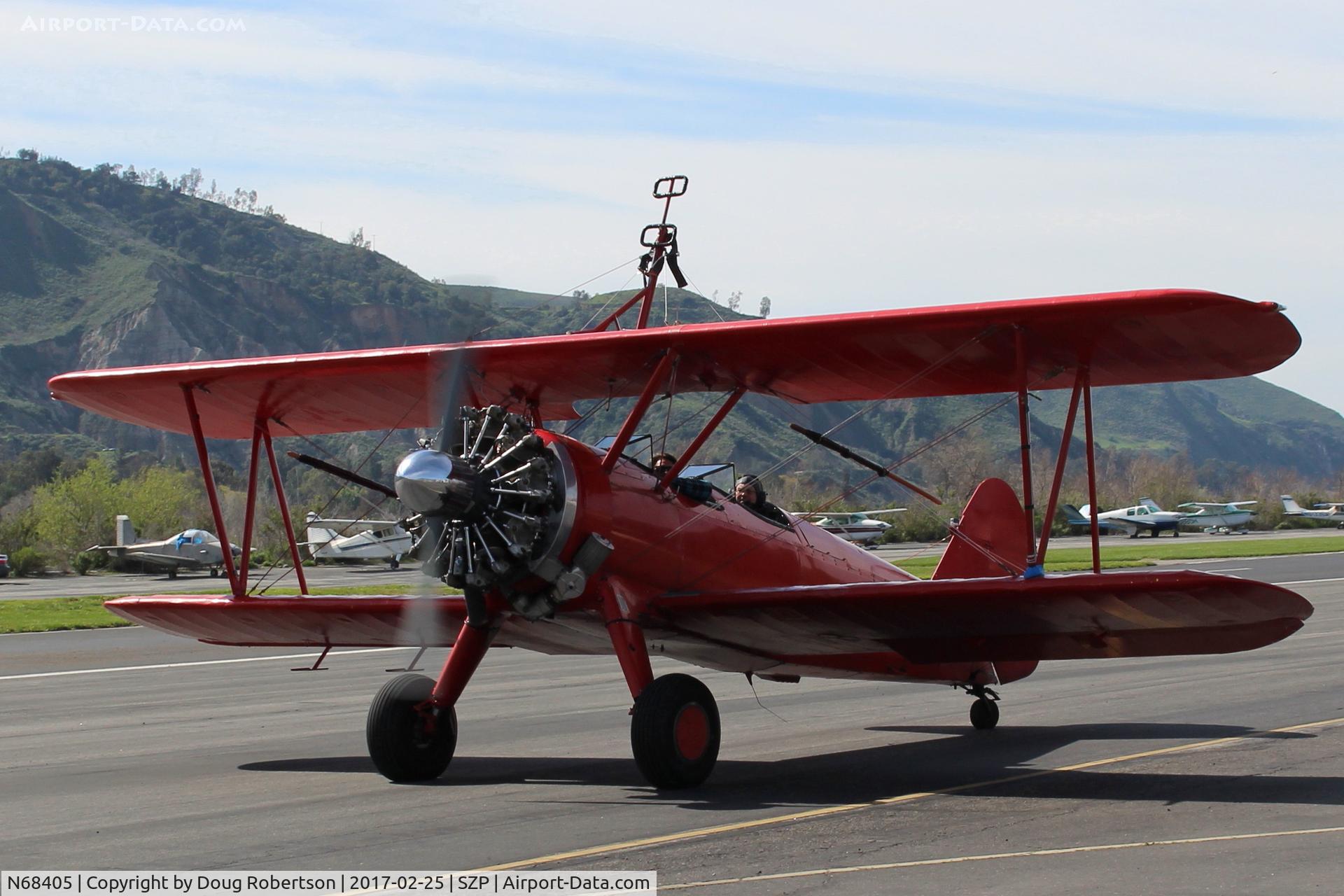 N68405, 1943 Boeing A75N1(PT17) C/N 75-7759, 1943 Boeing Stearman A75N1(PT-17), Pratt & Whitney R-985 radial 450 Hp upgrade conversion from original Continental 220 Hp radial, Restricted class, Washington state visitor will be photographed in flight today by N67TV, taxi