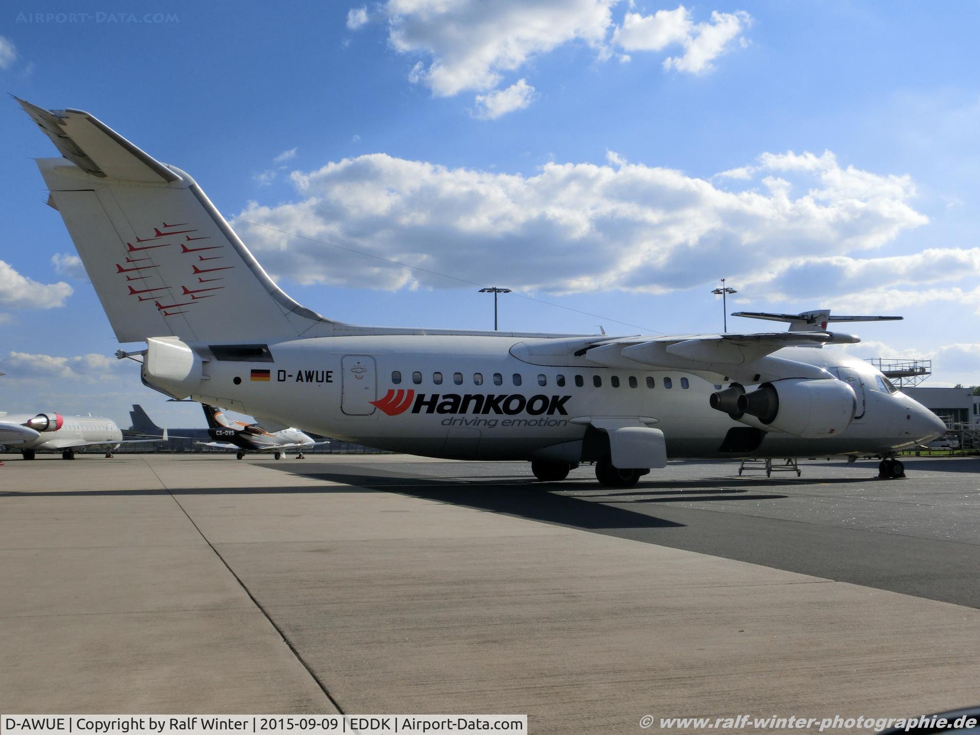 D-AWUE, 1986 British Aerospace BAe.146-200 C/N E2050, British Aerospace BAe 146-200 - WL WDL WDL Aviation 'Hankook' sticker - E2050 - D-AWUE - 09.09.2015 - CGN