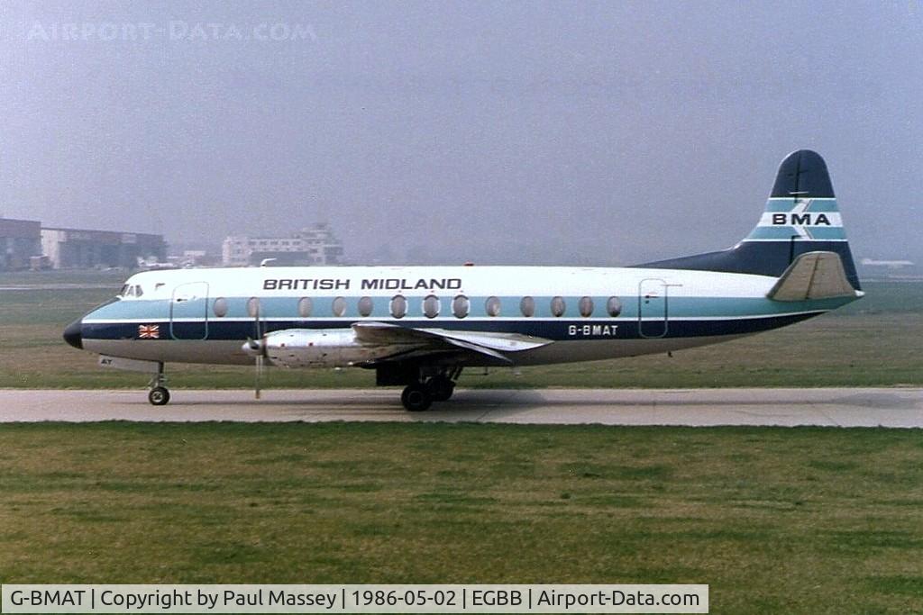 G-BMAT, 1958 Vickers Viscount 813 C/N 349, Damaged in landing accident at Leeds/Bradford 06-10-1980 and rebuilt using wings of G-BAPD, consequently being re-registered as G-BMAT 30-03-1981.