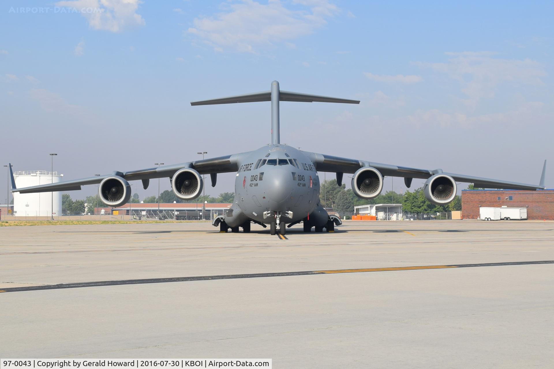 97-0043, Boeing C-17A Globemaster III C/N P-43, Parked on the Idaho ANG ramp. 452nd Air Mobility Wing, March AFB, CA.