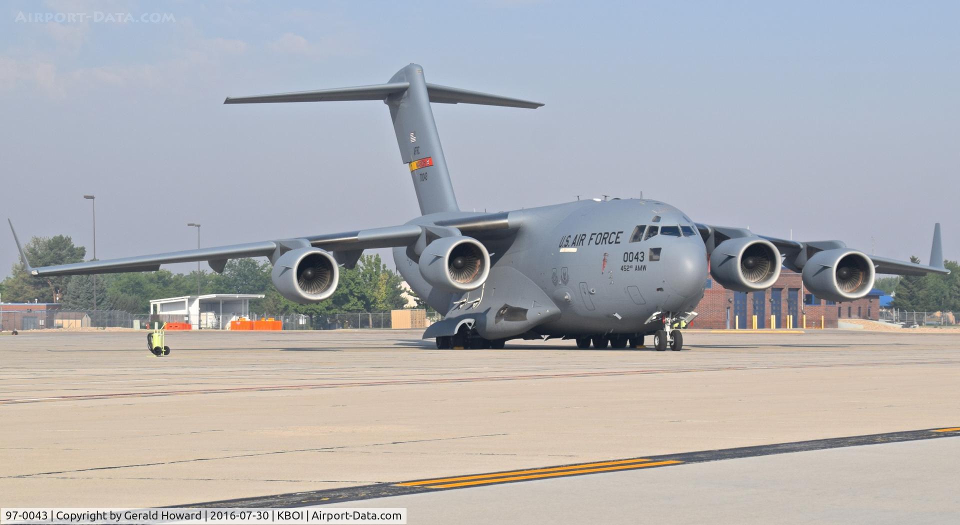 97-0043, Boeing C-17A Globemaster III C/N P-43, Parked on the Idaho ANG ramp. 452nd Air Mobility Wing, March AFB, CA.