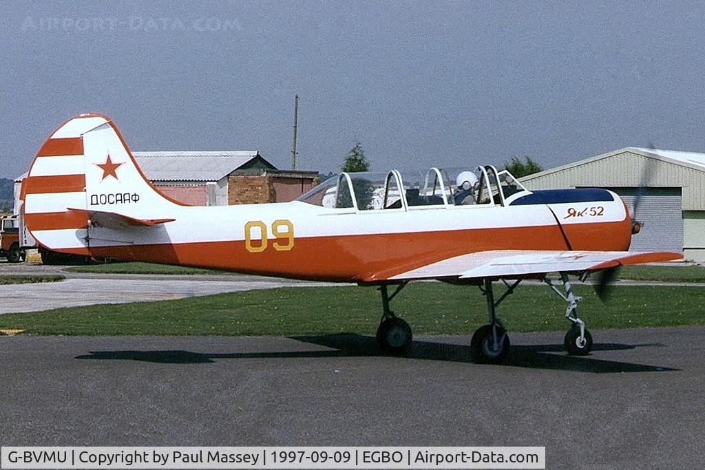 G-BVMU, 1994 Yakovlev (Aerostar) Yak-52 C/N 9411809, Code:-09Yellow. EX:-YR-13. Scan.