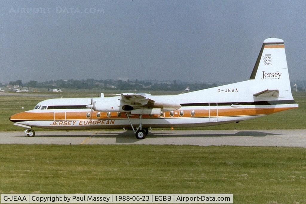 G-JEAA, 1984 Fokker F-27-500 Friendship C/N 10664, Operated by Jersey European Airways.EX:-N293MA. Scan.