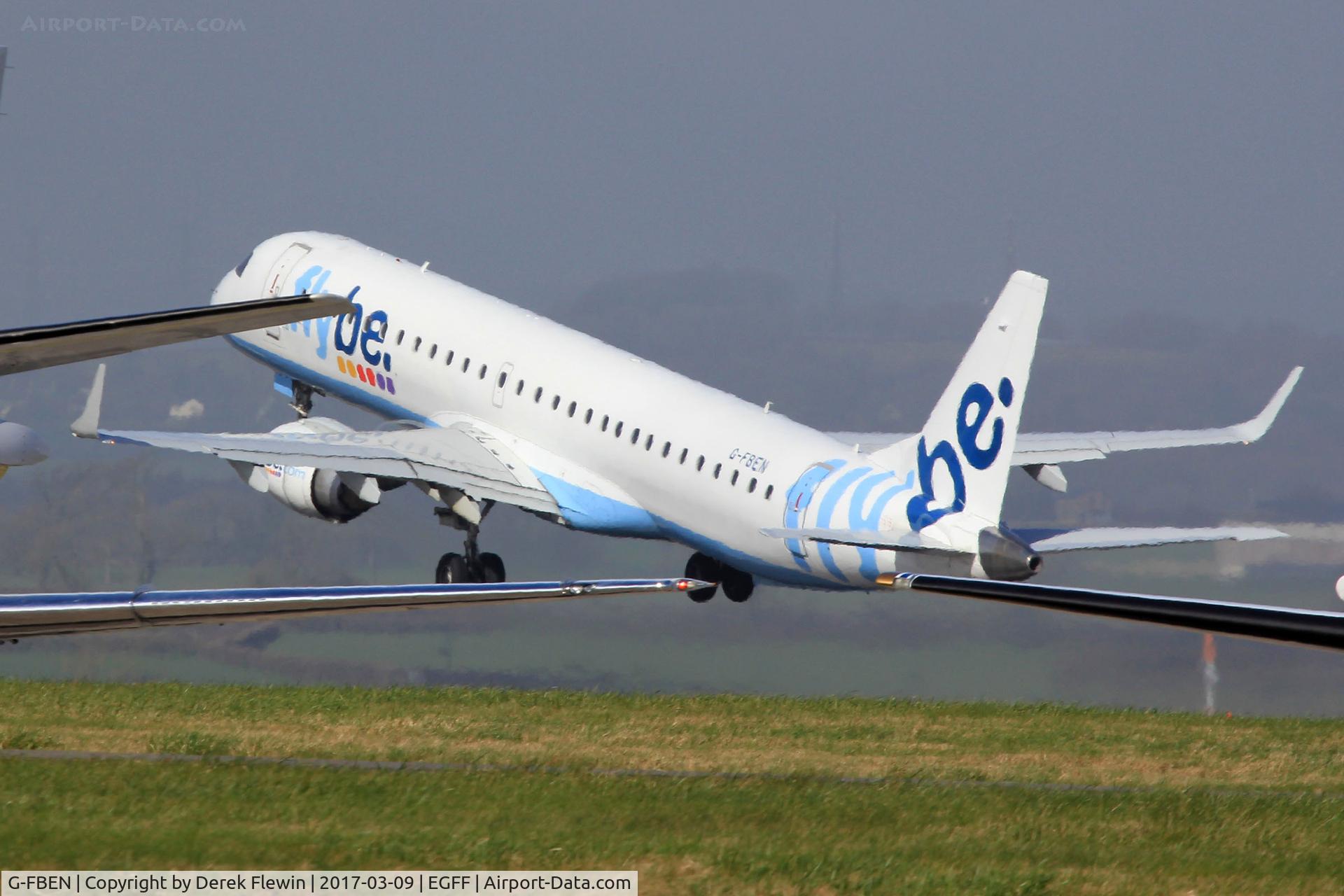 G-FBEN, 2008 Embraer 195LR (ERJ-190-200LR) C/N 19000213, Embraer 195LR, FlyBe, call sign Jersey 4LX, previously PT-SGW, seen departing from runway 30 en-route to Faro.