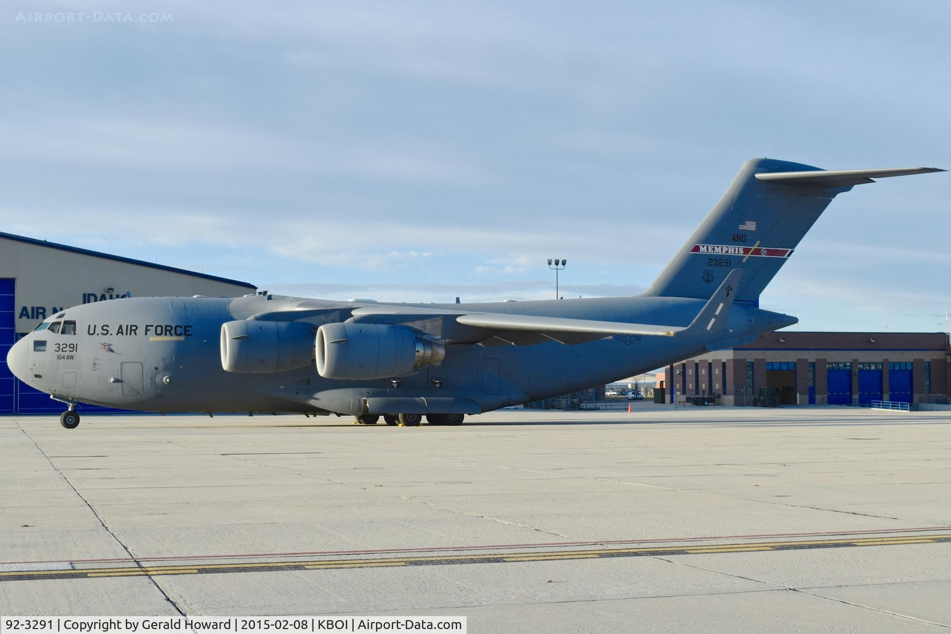 92-3291, 1992 McDonnell Douglas C-17A Globemaster III C/N P-11, parked on the Idaho ANG ramp.  164th Airlift Wing, TN ANG.