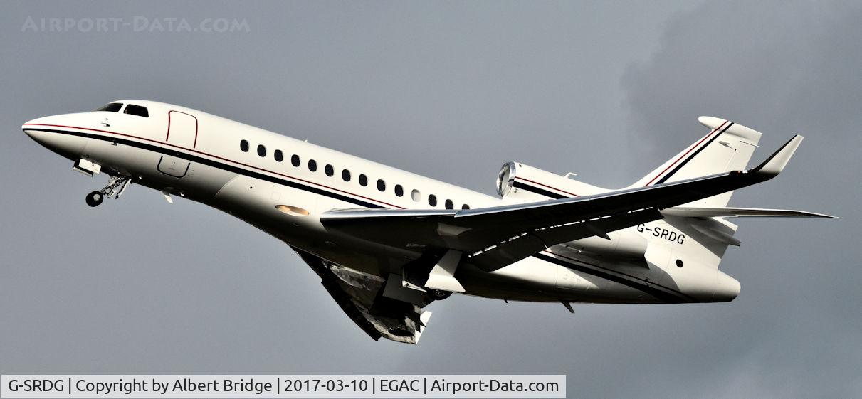 G-SRDG, 2008 Dassault Falcon 7X C/N 36, G-SRDG departing Belfast City.
