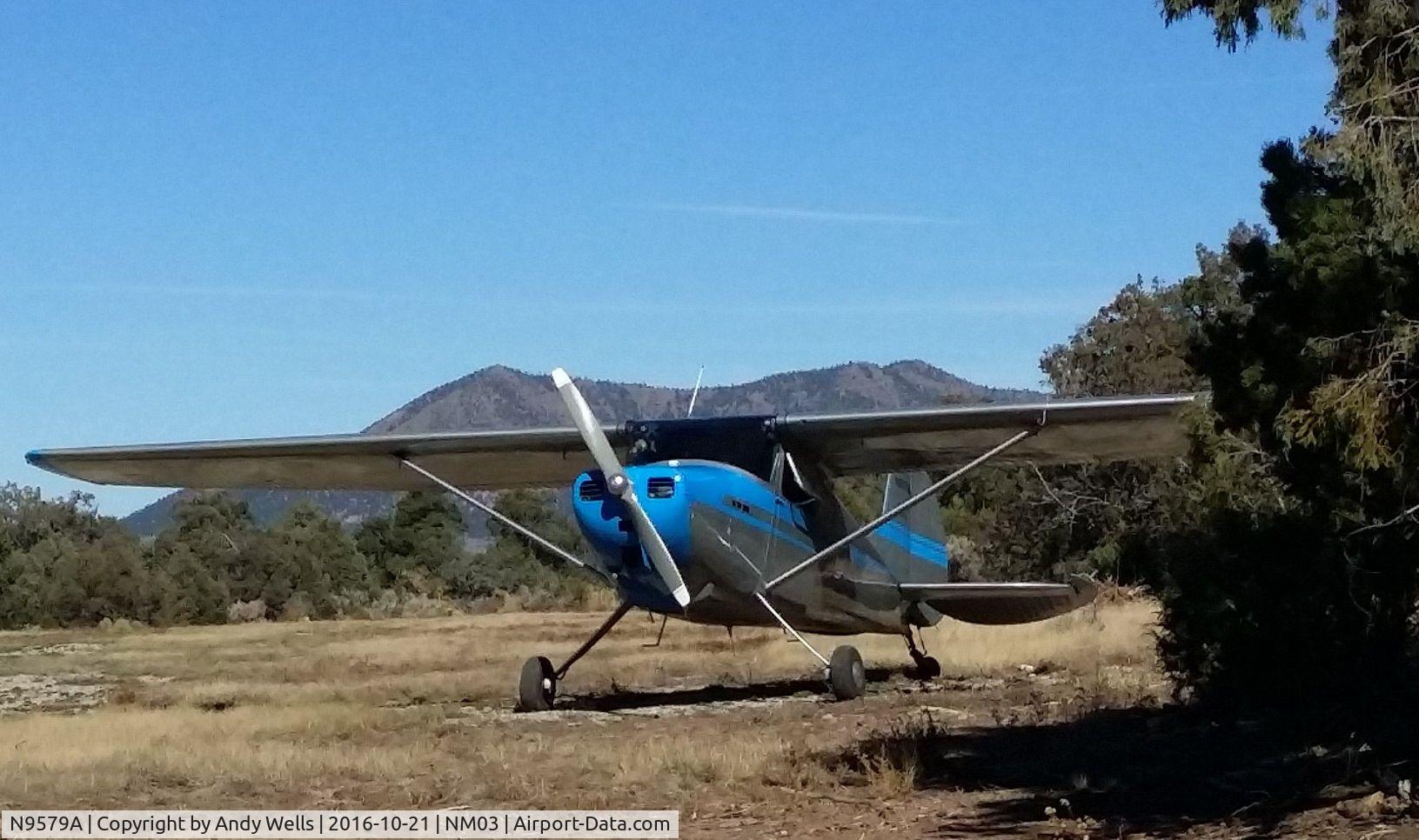 N9579A, 1949 Cessna 170A C/N 19140, Cessna 170A N9579A at the Grant Besely Airport (NM03) in northern New Mexico, October 2016.  Although this airfield is at 7646 msl, the plane does well with the standard O-300, because a previous owner equipped it with a very aggressive climb prop.