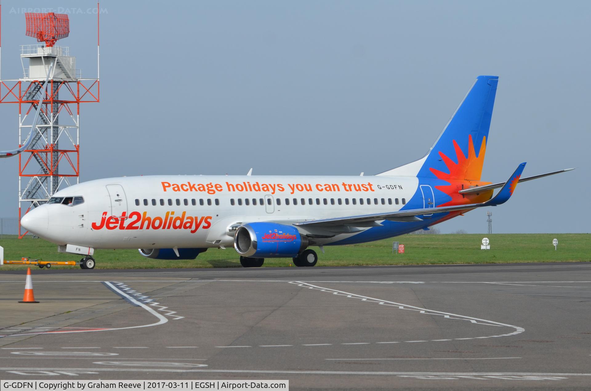 G-GDFN, 1998 Boeing 737-33V C/N 29332, Under tow at Norwich.