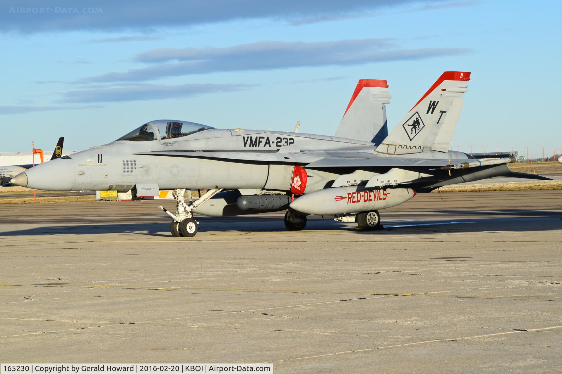 165230, McDonnell Douglas F/A-18C Hornet C/N 1418/C455, Parked on south GA ramp. VMFA-232 “Red Devils” 
MAG-11, 3rd MAW, NAS Miramar, CA.