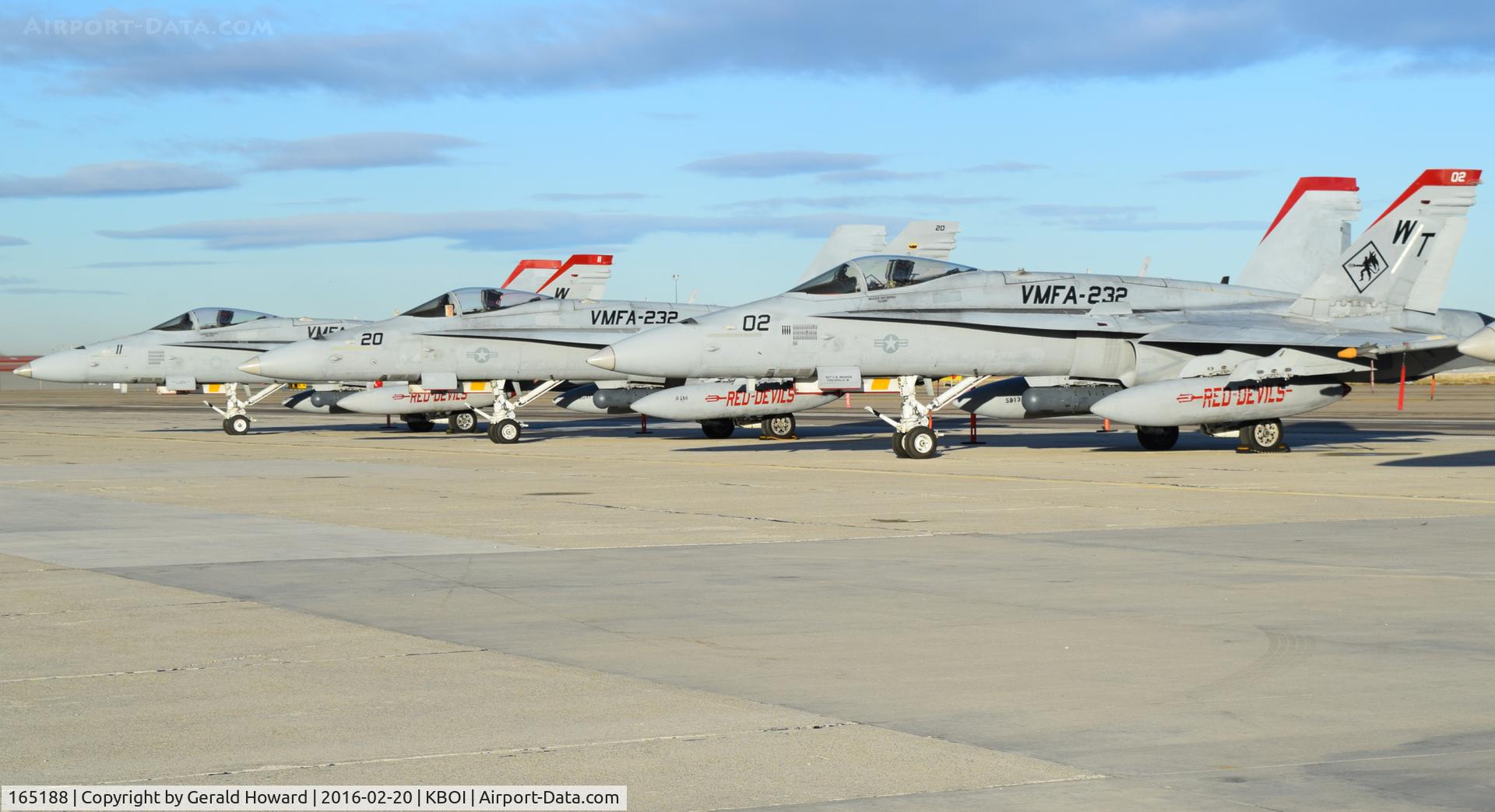 165188, McDonnell Douglas F/A-18C Hornet C/N 1323/C413, Parked on south GA ramp with other squadron members. VMFA-232 “Red Devils” 
MAG-11, 3rd MAW, NAS Miramar, CA.