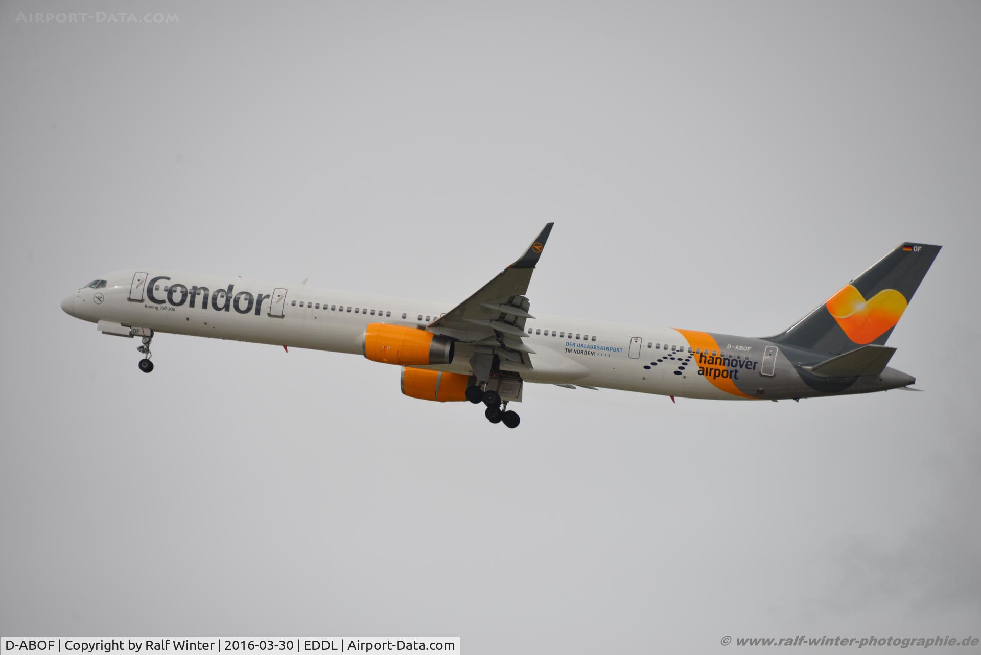 D-ABOF, 1999 Boeing 757-330 C/N 29013, Boeing 757-330 - DE CFG Condor 'Hannover' sticker - 846 - D-ABOF - 30.03.2016 - DUS