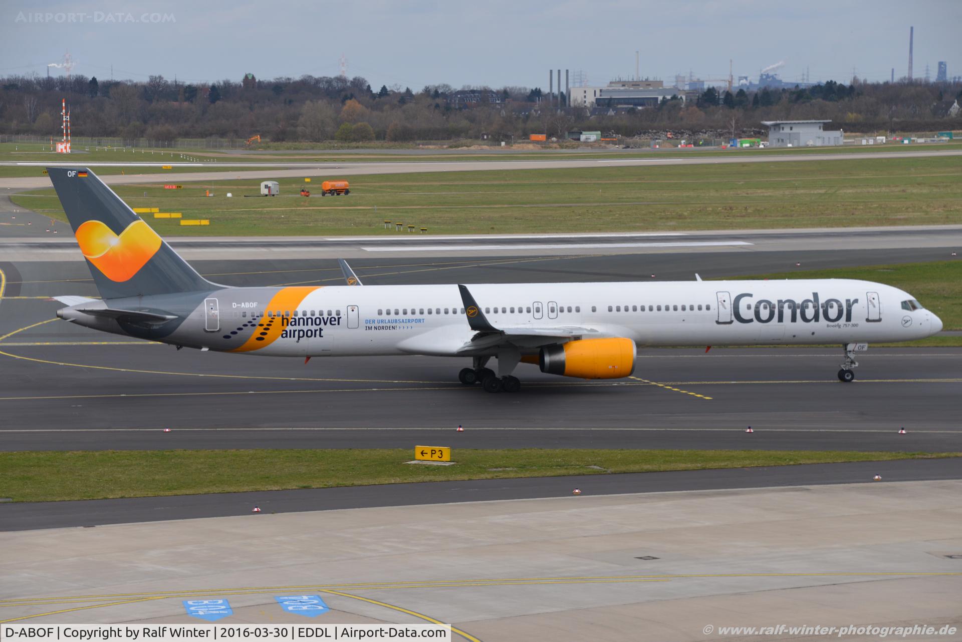 D-ABOF, 1999 Boeing 757-330 C/N 29013, Boeing 757-330 - DE CFG Condor 'Hannover' sticker - 846 - D-ABOF - 30.03.2016 - DUS