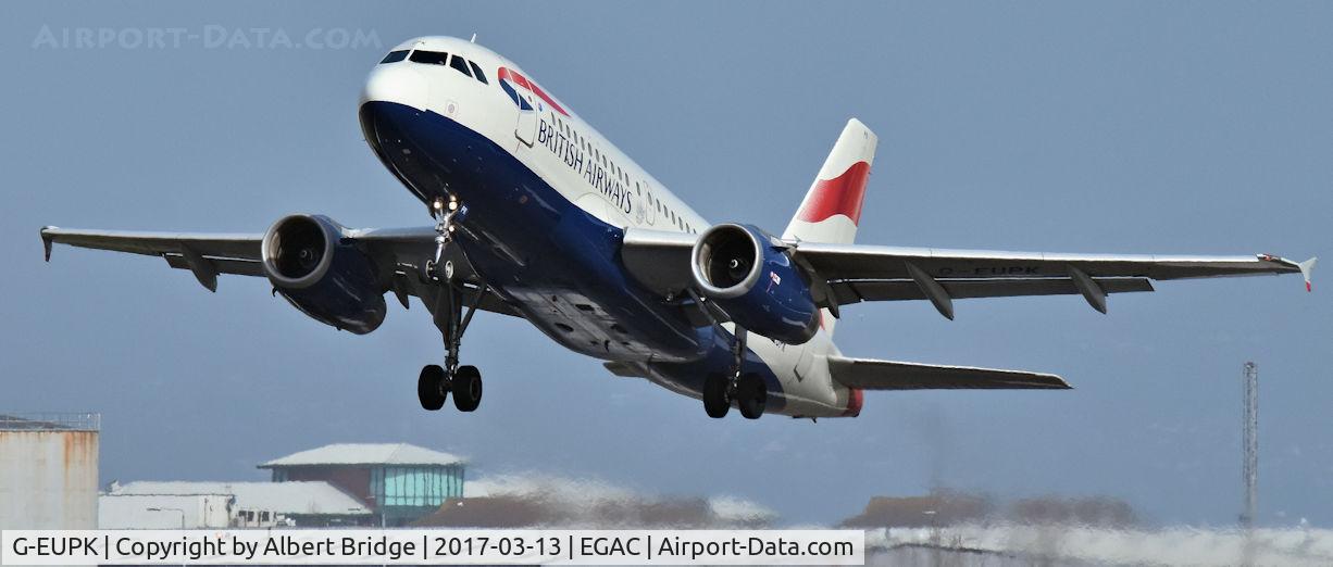 G-EUPK, 2000 Airbus A319-131 C/N 1236, Belfast City.  G-EUPK departing to Heathrow.