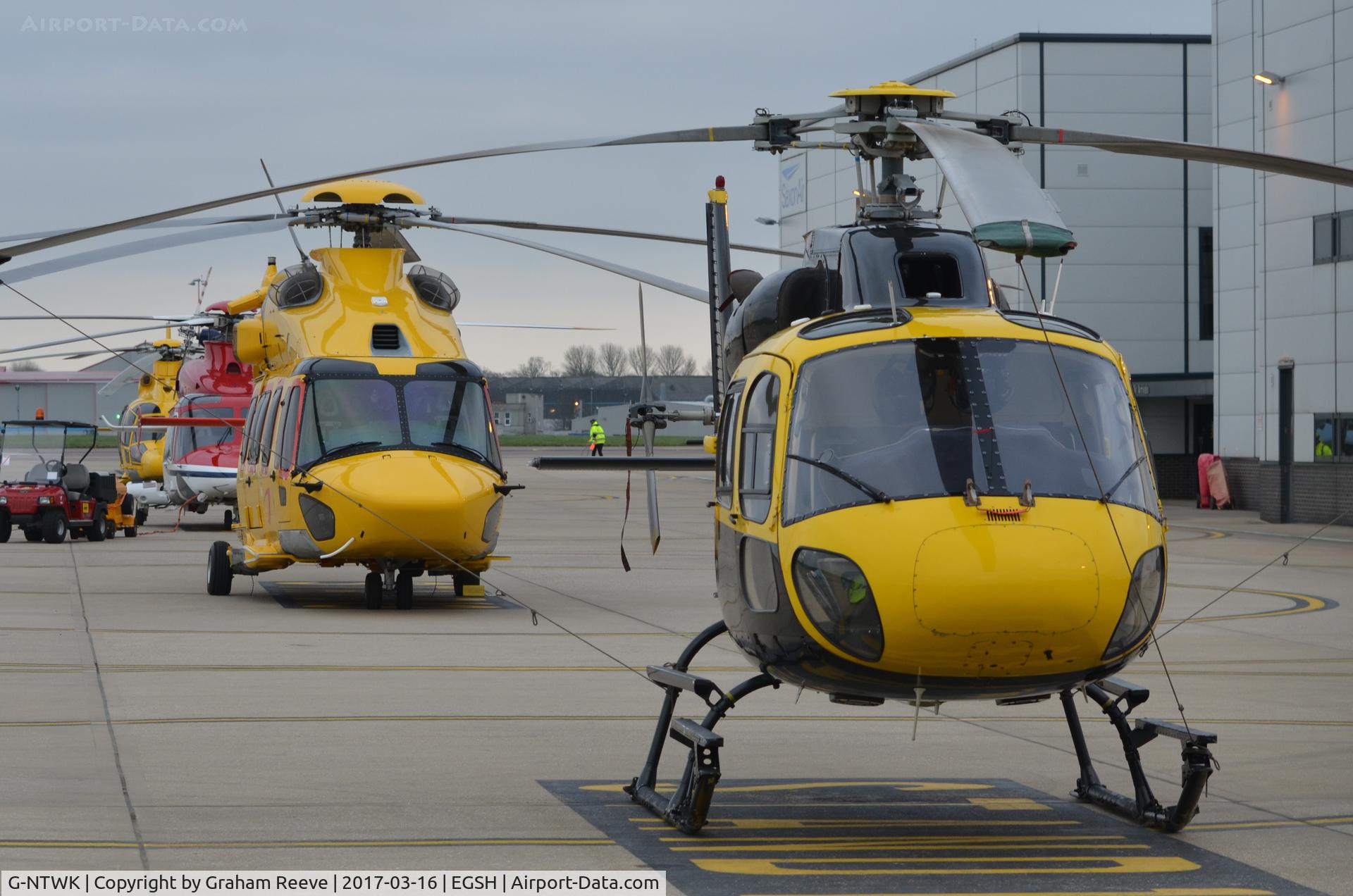 G-NTWK, 1986 Aerospatiale AS-355F-1 Twin Squirrel C/N 5347, Line up of helicopters at Norwich. Behind G-NTWK is EC-175 OO-NSG, followed by CHC and Saxon aircraft. Also picture number 10,000.