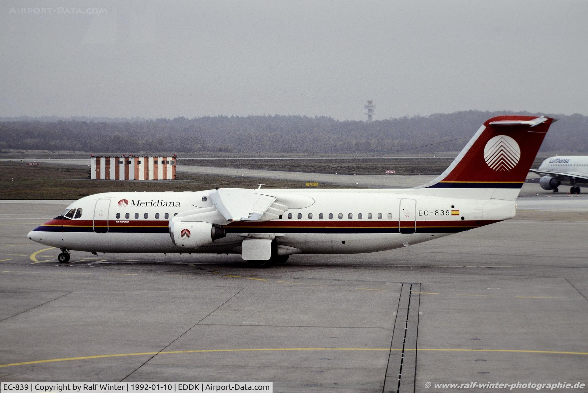 EC-839, 1990 British Aerospace BAe.146-300 C/N E3169, British Aerospace BAe 146-300 - Meridiana Air - EC-839 - 10.01.1992 - CGN